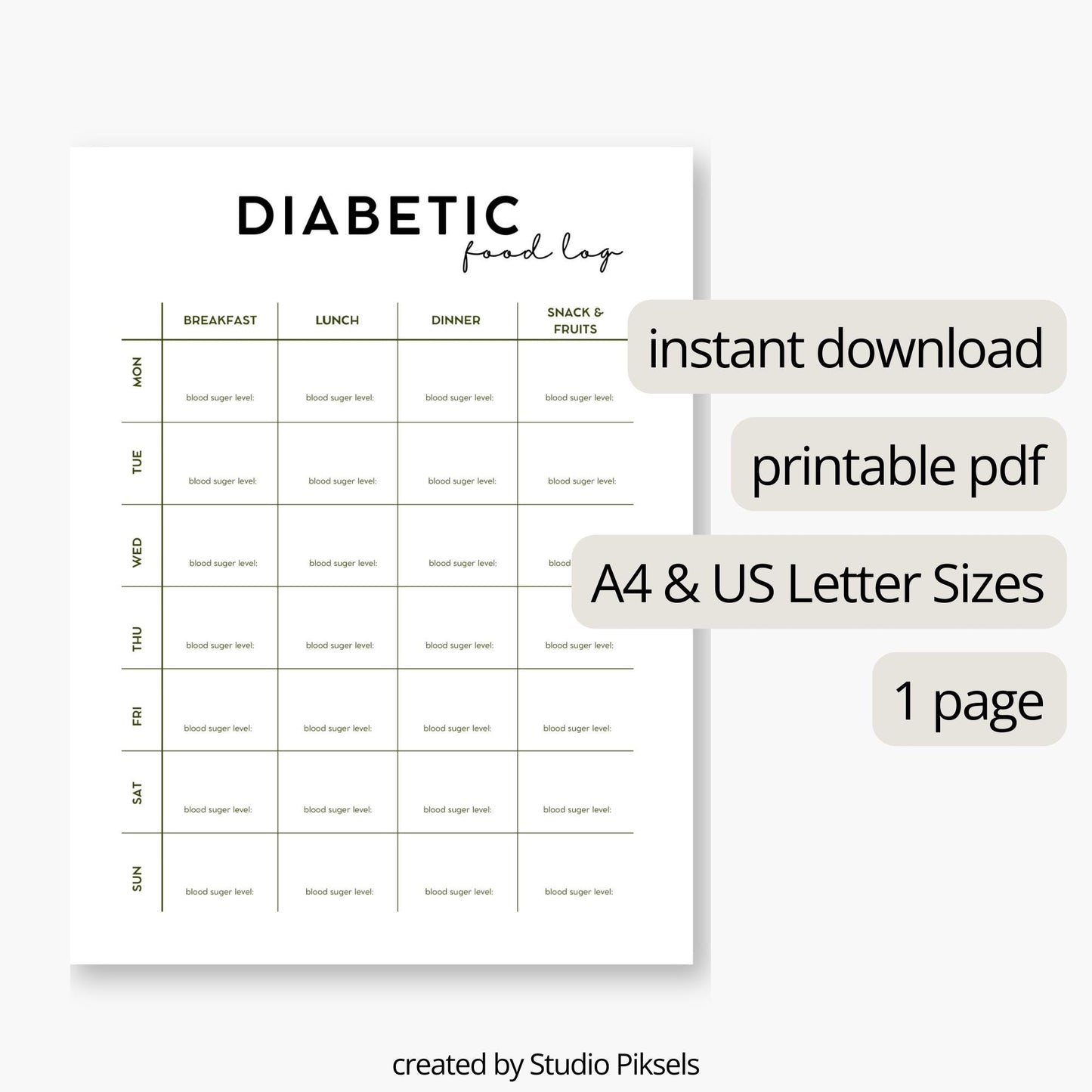 Diabetic Food Log, Diabetic Meal Plan