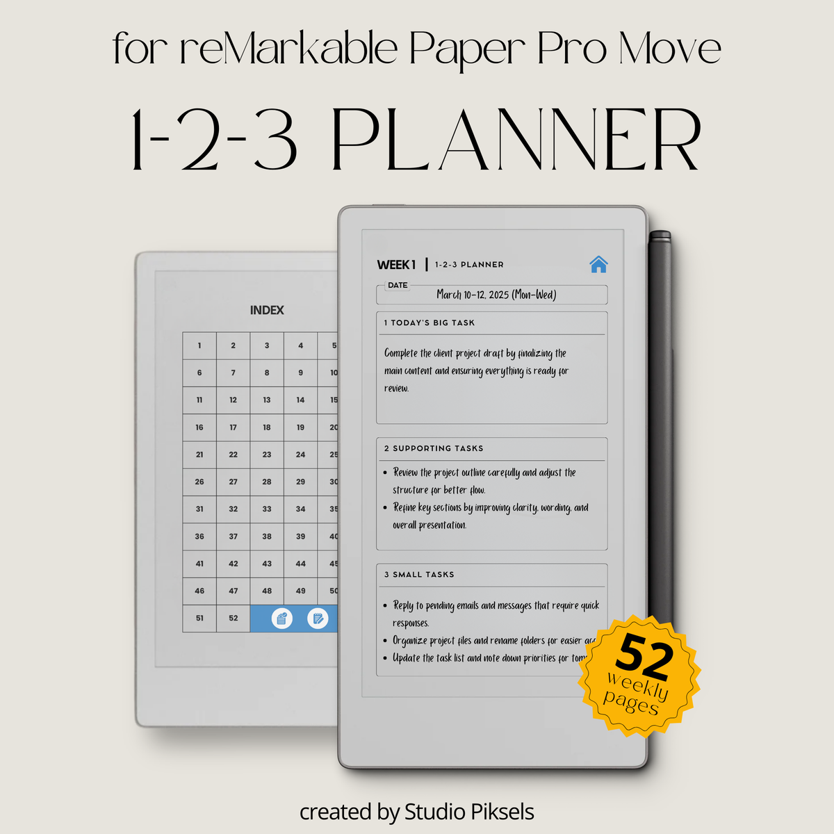 Hyperlinked 123 weekly planner PDF for reMarkable Paper Pro Move with priority layout and checklist pages.