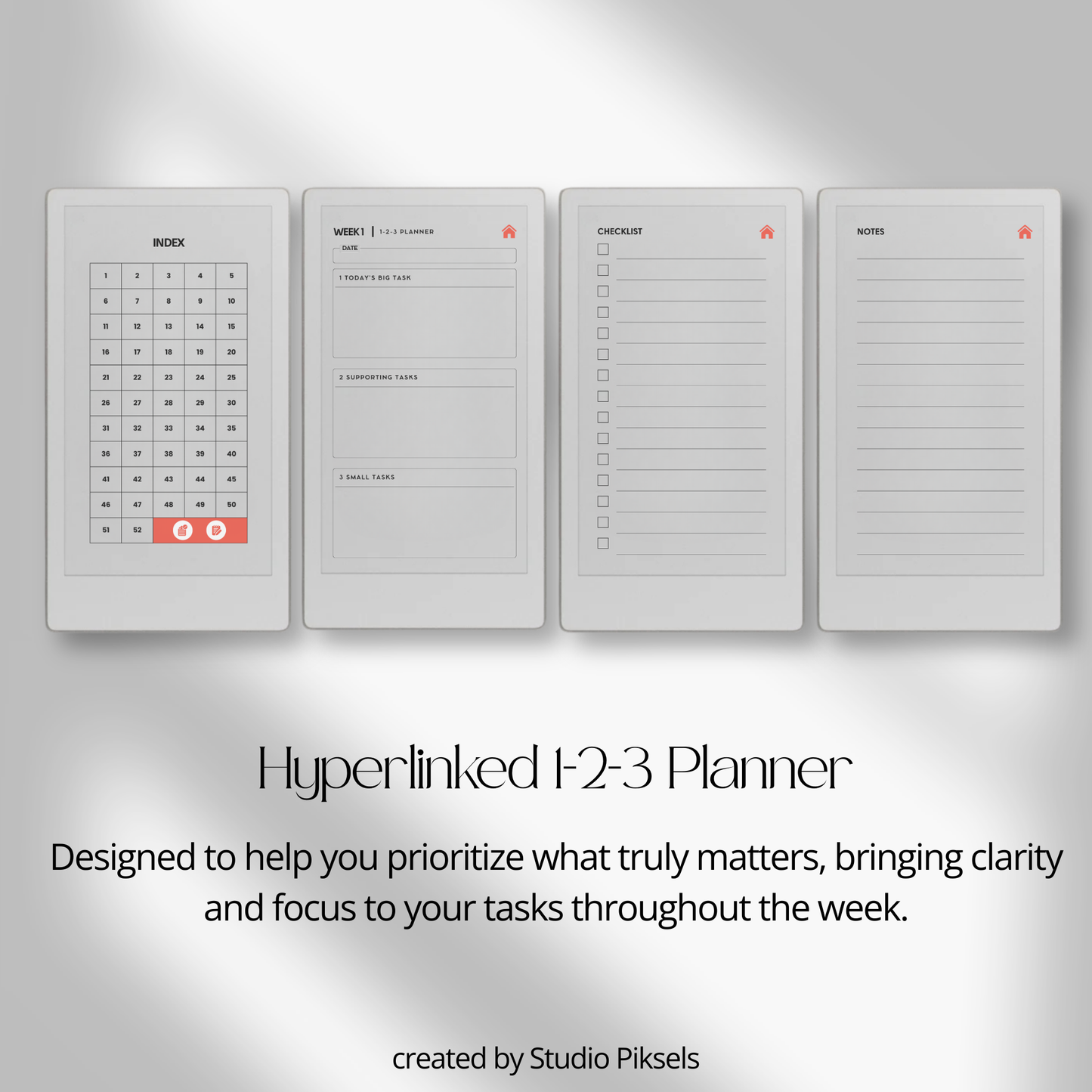 Hyperlinked 123 weekly planner PDF for reMarkable Paper Pro Move with priority layout and checklist pages.