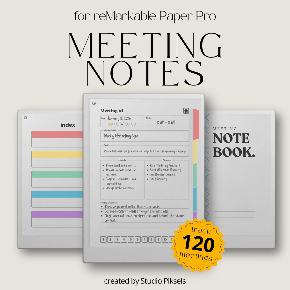 Meeting notes notebook for reMarkable Paper Pro with 120 hyperlinked sections and structured meeting pages.