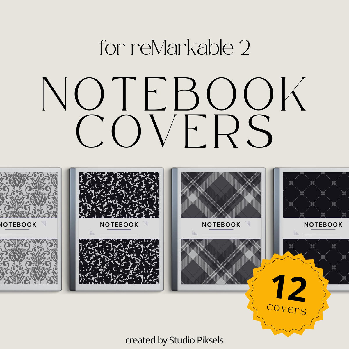 Classic pattern notebook covers for reMarkable 2 and reMarkable Paper Pure with elegant black-and-white PDF artwork