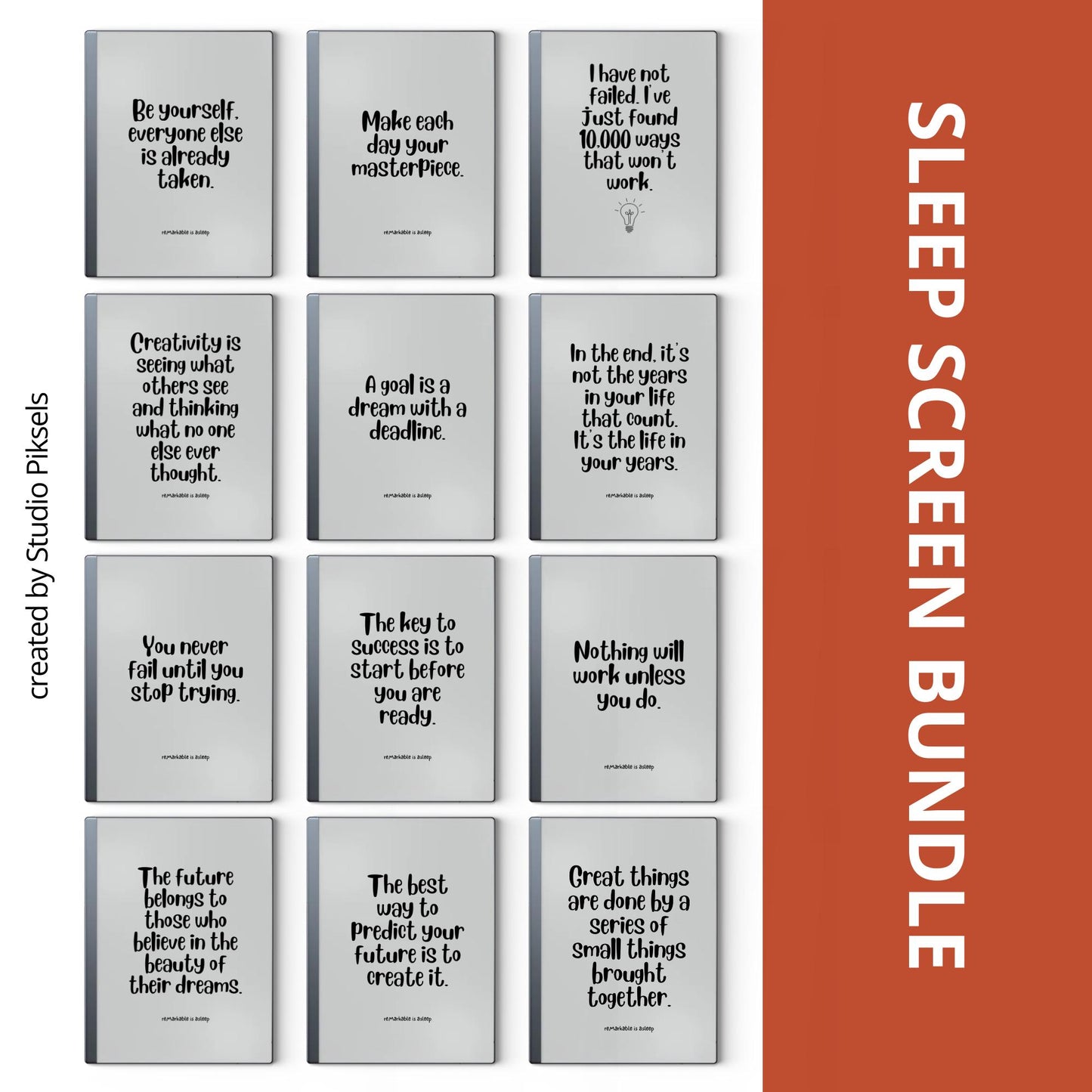 Inspirational quote sleep screen bundle for reMarkable 2 and reMarkable Paper Pure with motivational typography designs in PDF and PNG format