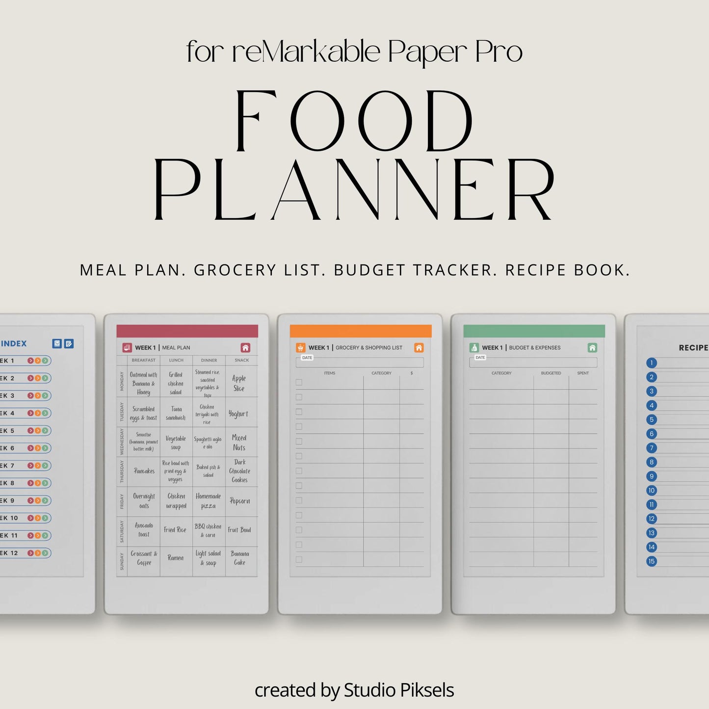 Plan weekly meals using a hyperlinked food planner on reMarkable Paper Pro Move.