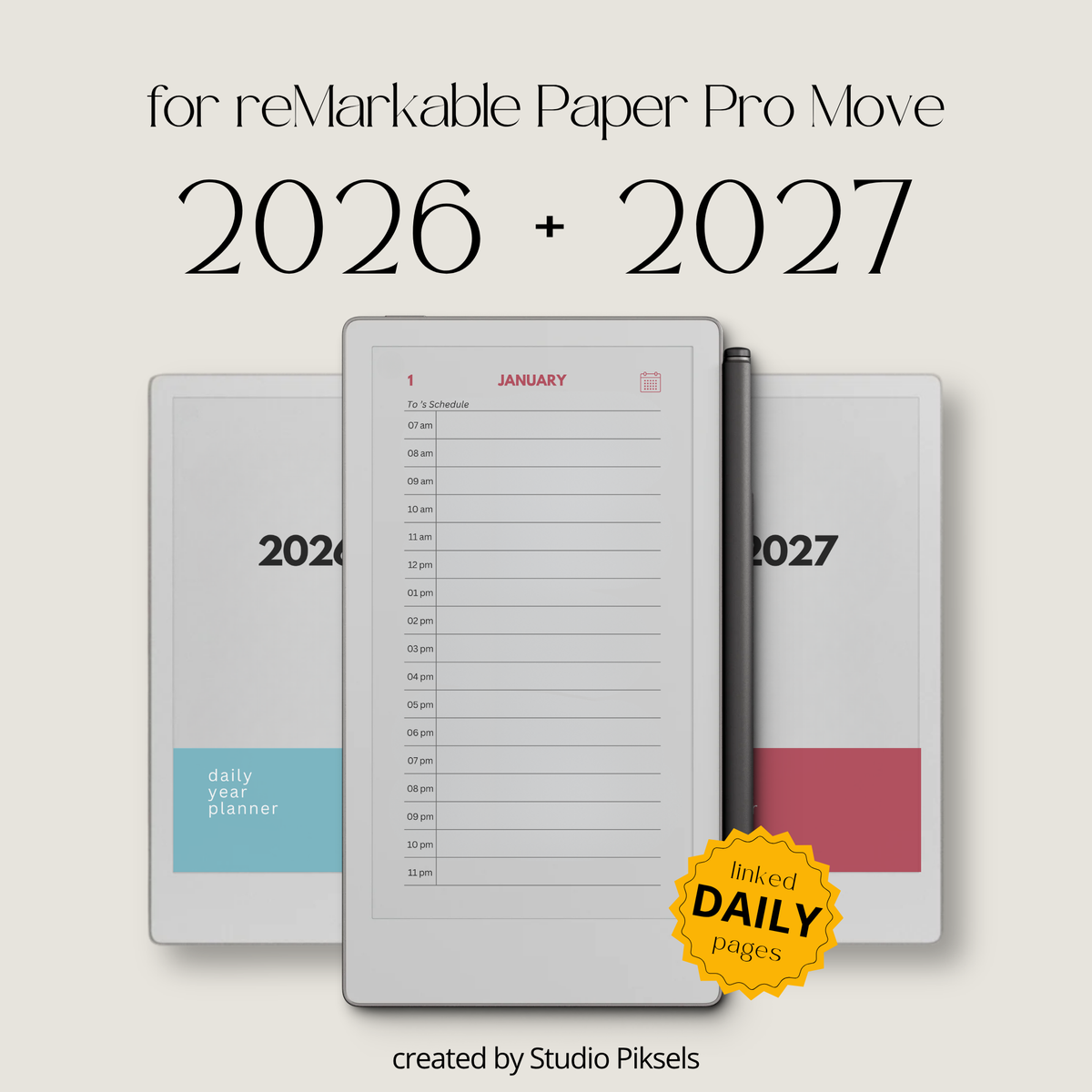 2-Year Hyperlinked Planner Bundle for reMarkable Paper Pro Move featuring 2026 and 2027 hyperlinked PDF planners with yearly overviews, monthly calendars, daily hourly planning pages, and seamless navigation on the color e-ink display.