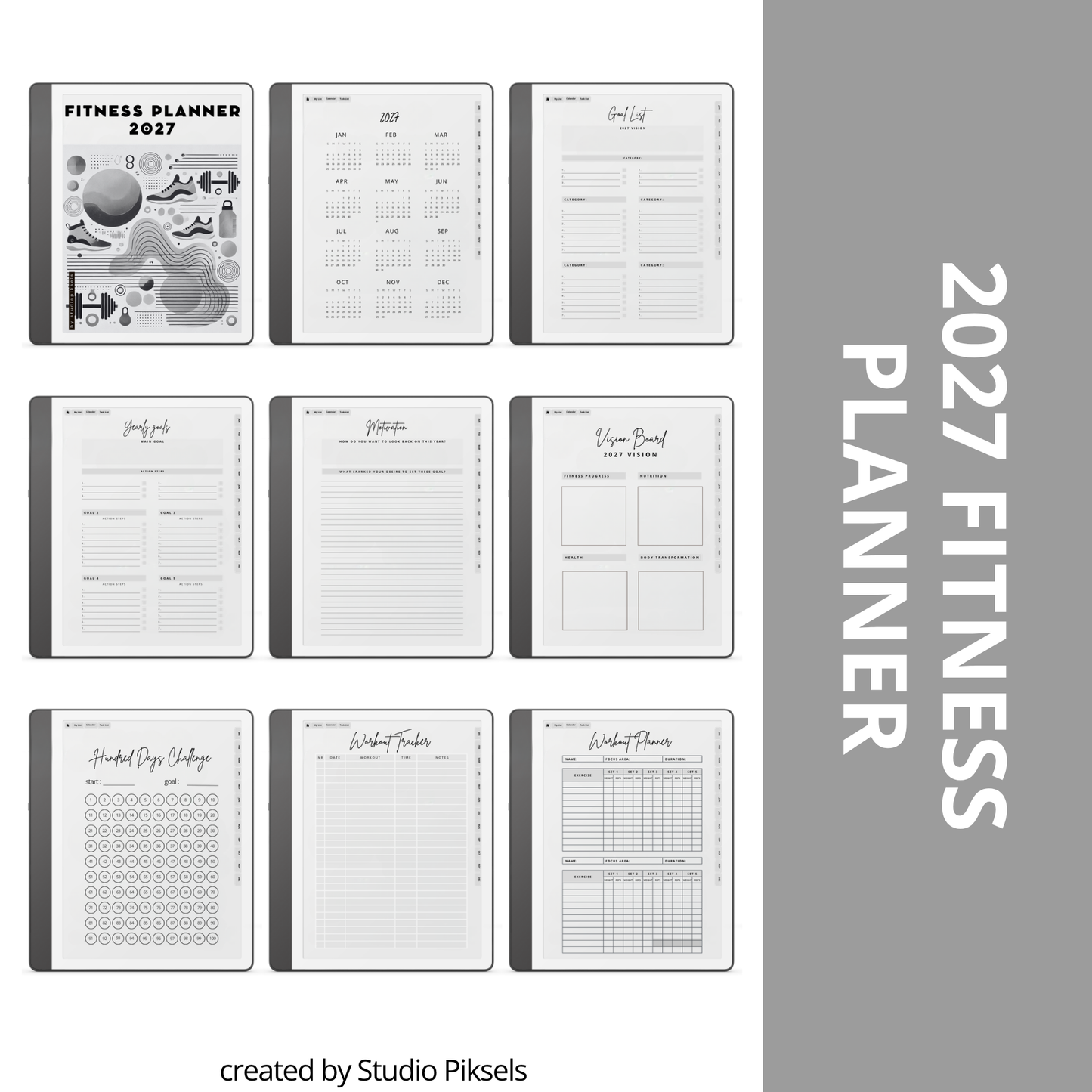 2026 + 2027 Fitness Planner for Kindle Scribe featuring hyperlinked workout tracking, exercise routines, fitness goals, health planning, and progress pages.