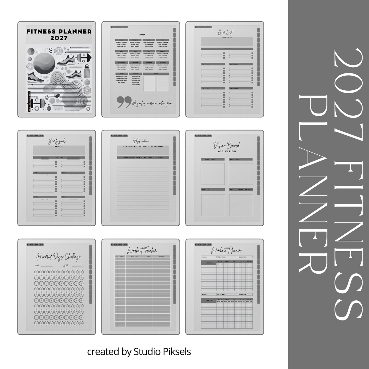 2026 + 2027 Fitness Planner for reMarkable Paper Pure & reMarkable 2 featuring hyperlinked workout tracking, fitness goals, exercise routines, and progress pages.