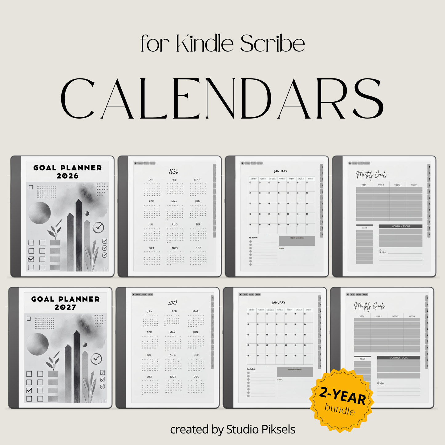 2026 + 2027 Goal Planner for Kindle Scribe with yearly goals, monthly planning, habit trackers, and hyperlinked pages in a minimalist black-and-white design.