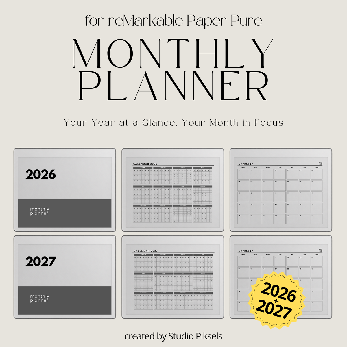 2026 and 2027 landscape monthly planner PDF for reMarkable 2 and Paper Pure with minimalist grayscale monthly calendar pages
