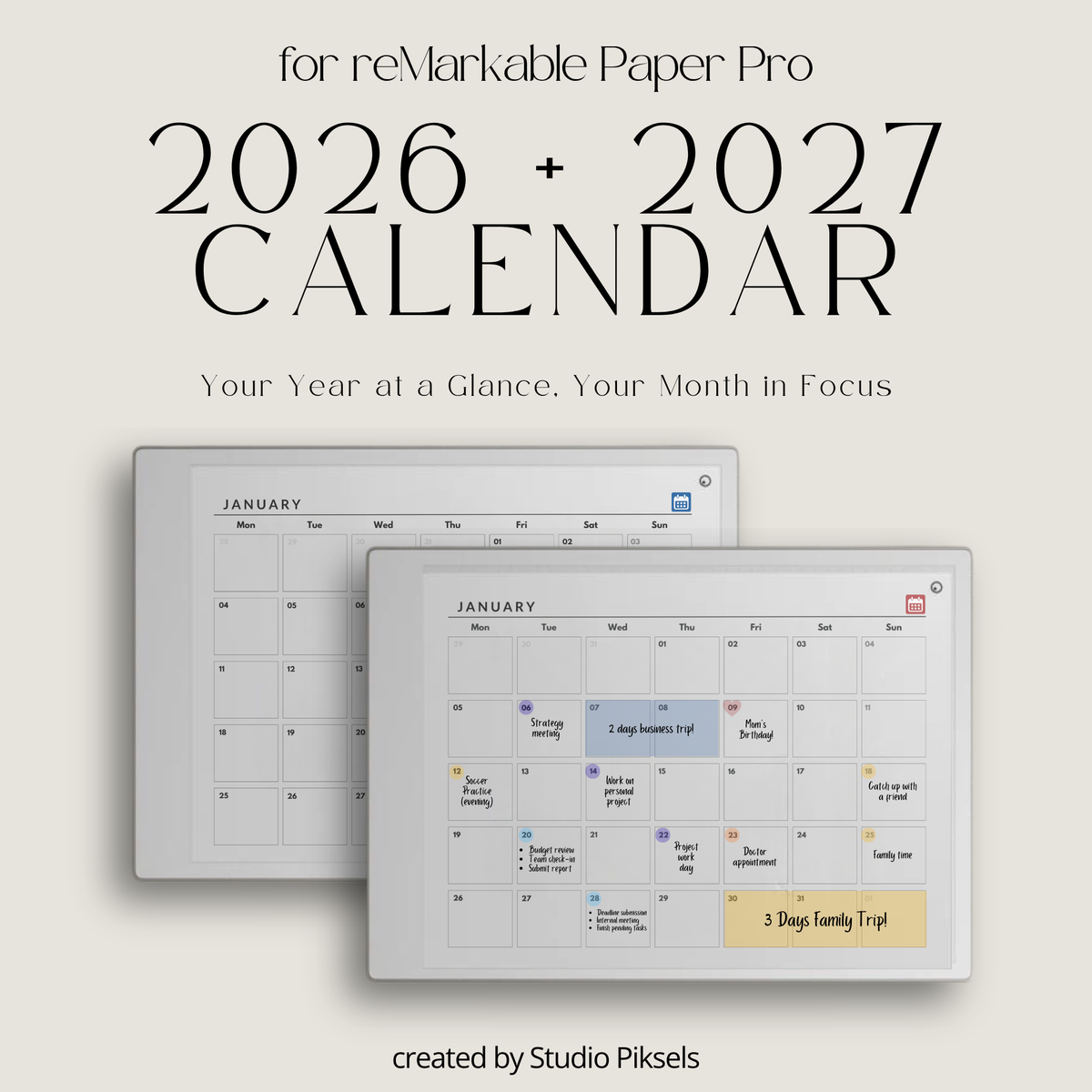 2026 and 2027 landscape monthly planner bundle for reMarkable Paper Pro with minimalist digital calendar pages for scheduling and organization.