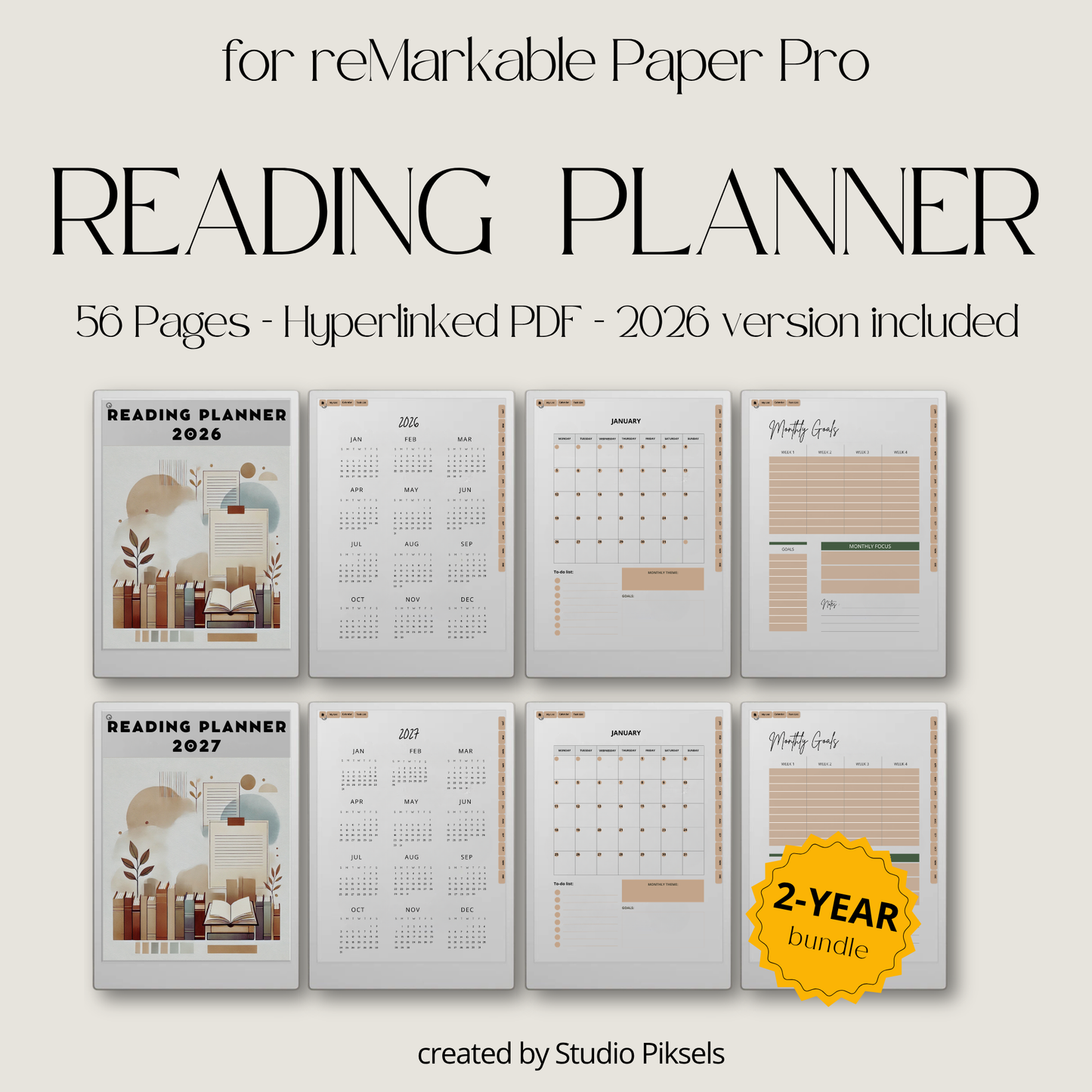 2026 + 2027 digital reading planner for reMarkable Paper Pro with reading goals, book trackers, reading challenges, and review pages
