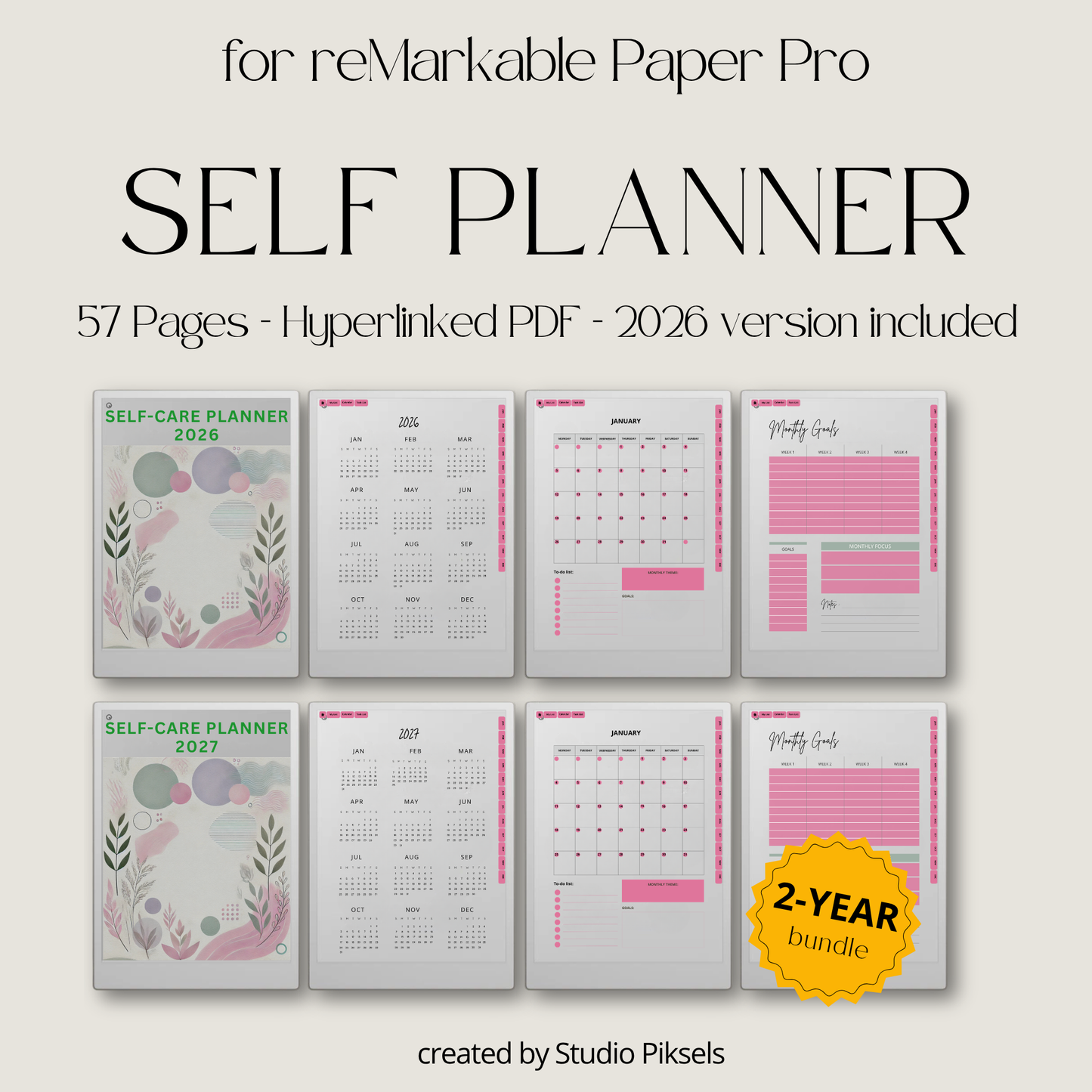 2026 + 2027 Self Care Planner for reMarkable Paper Pro featuring hyperlinked wellness, mood tracking, gratitude, habit, routine, goal, and reflection pages.