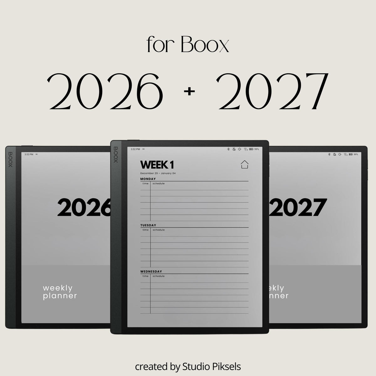 2-Year hyperlinked weekly planner bundle for BOOX devices featuring 2026 and 2027 digital planners with quarterly indexes, weekly navigation, and minimalist layouts.