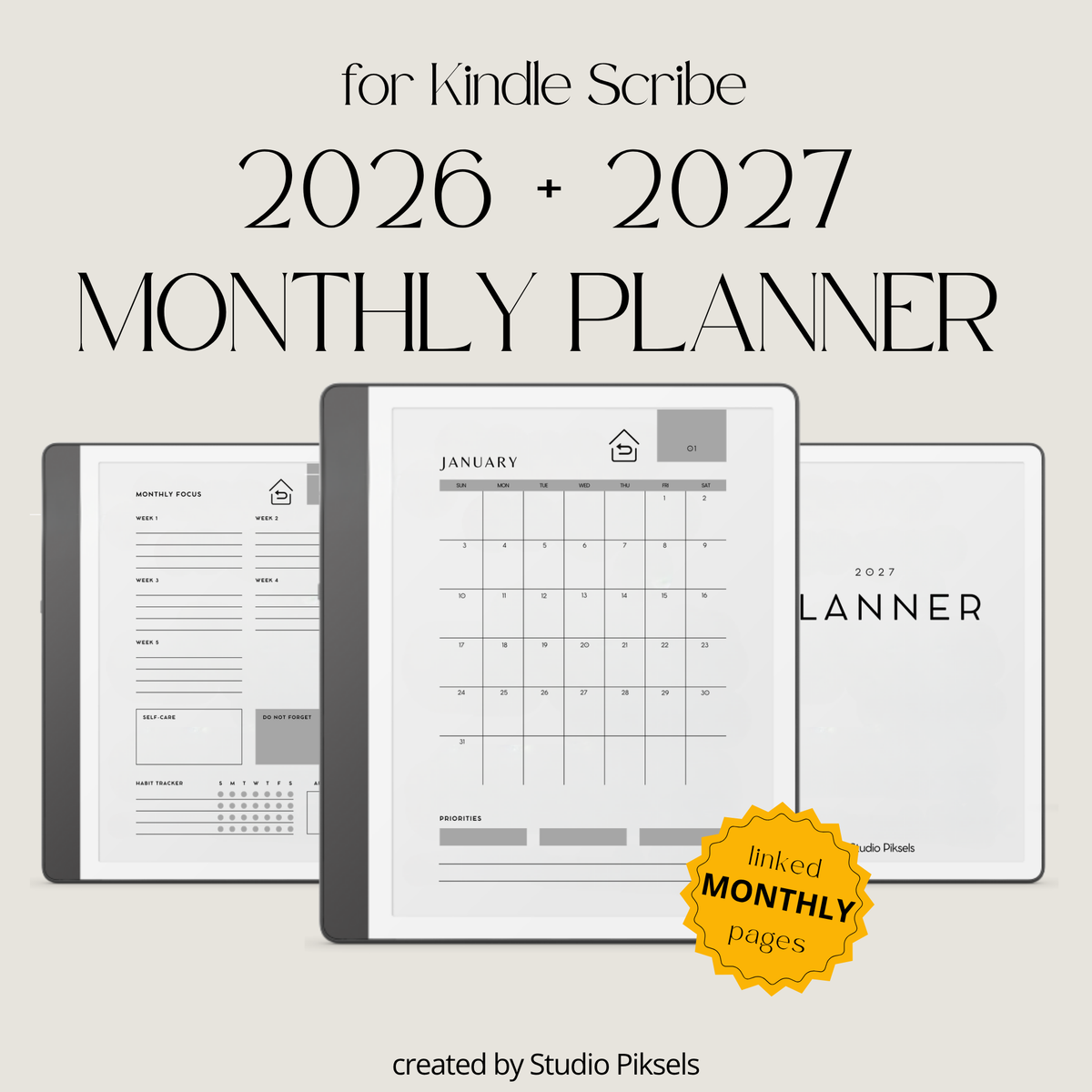 Stay organized throughout 2026 and 2027 with this hyperlinked monthly planner bundle for Kindle Scribe. Designed for monthly planning, goal setting, habit tracking, and personal organization, this digital planner helps keep schedules, priorities, habits, and notes structured in one easy-to-use system.