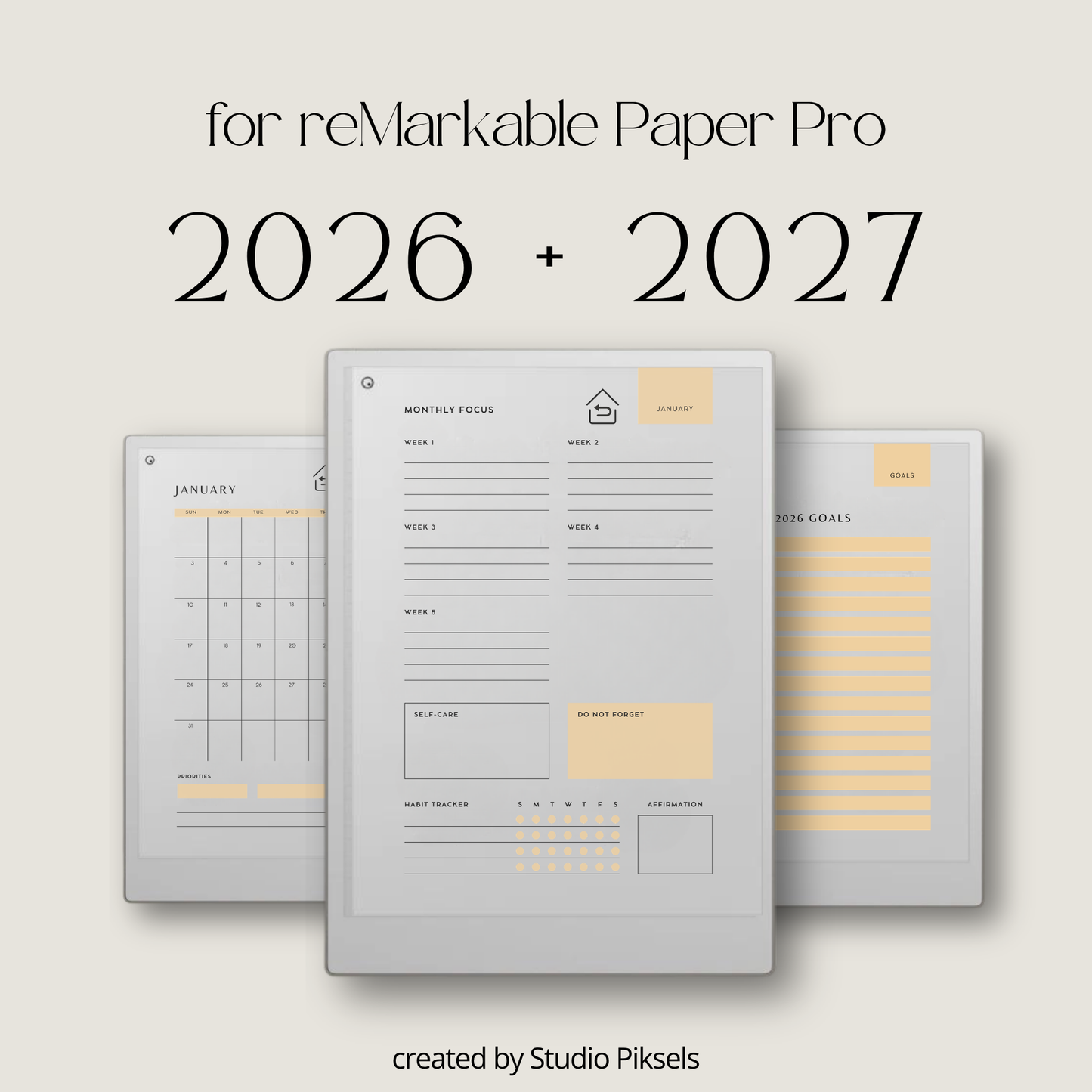 Stay organized throughout 2026 and 2027 with this hyperlinked monthly planner bundle for reMarkable Paper Pro. Designed for monthly planning, goal setting, habit tracking, and personal organization, this digital planner helps keep schedules, priorities, habits, and notes structured in one easy-to-use system.