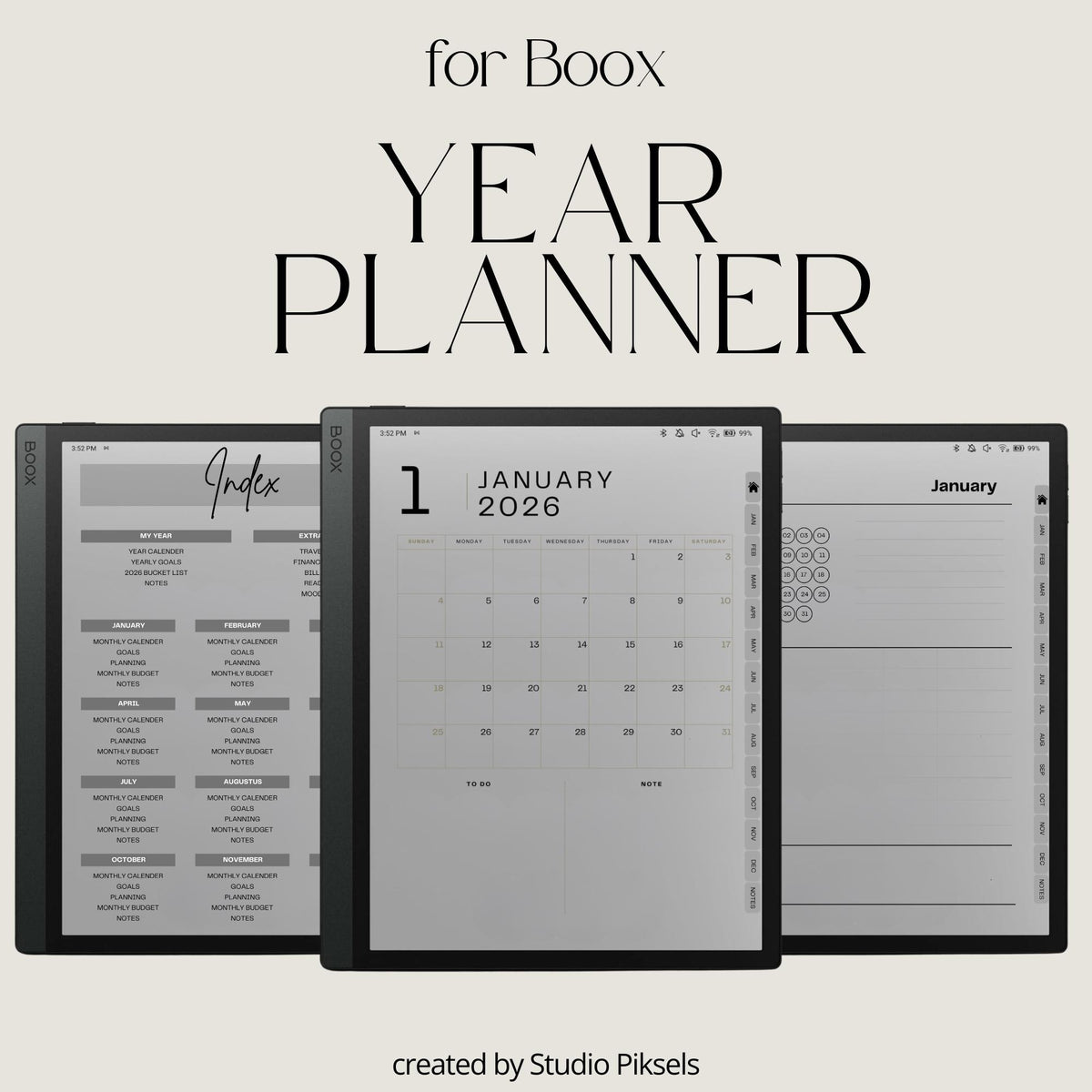 Hyperlinked 2026 Planner for BOOX tablets featuring monthly calendars, goal planning pages, budget trackers, mood tracking, and productivity tools.