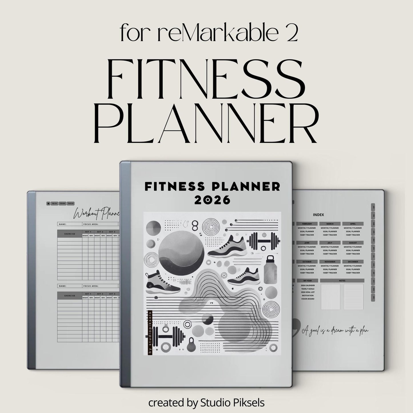 2026 Fitness Planner for Kindle Scribe with workout tracking pages, habit trackers, goal-setting layouts, and hyperlinked navigation.