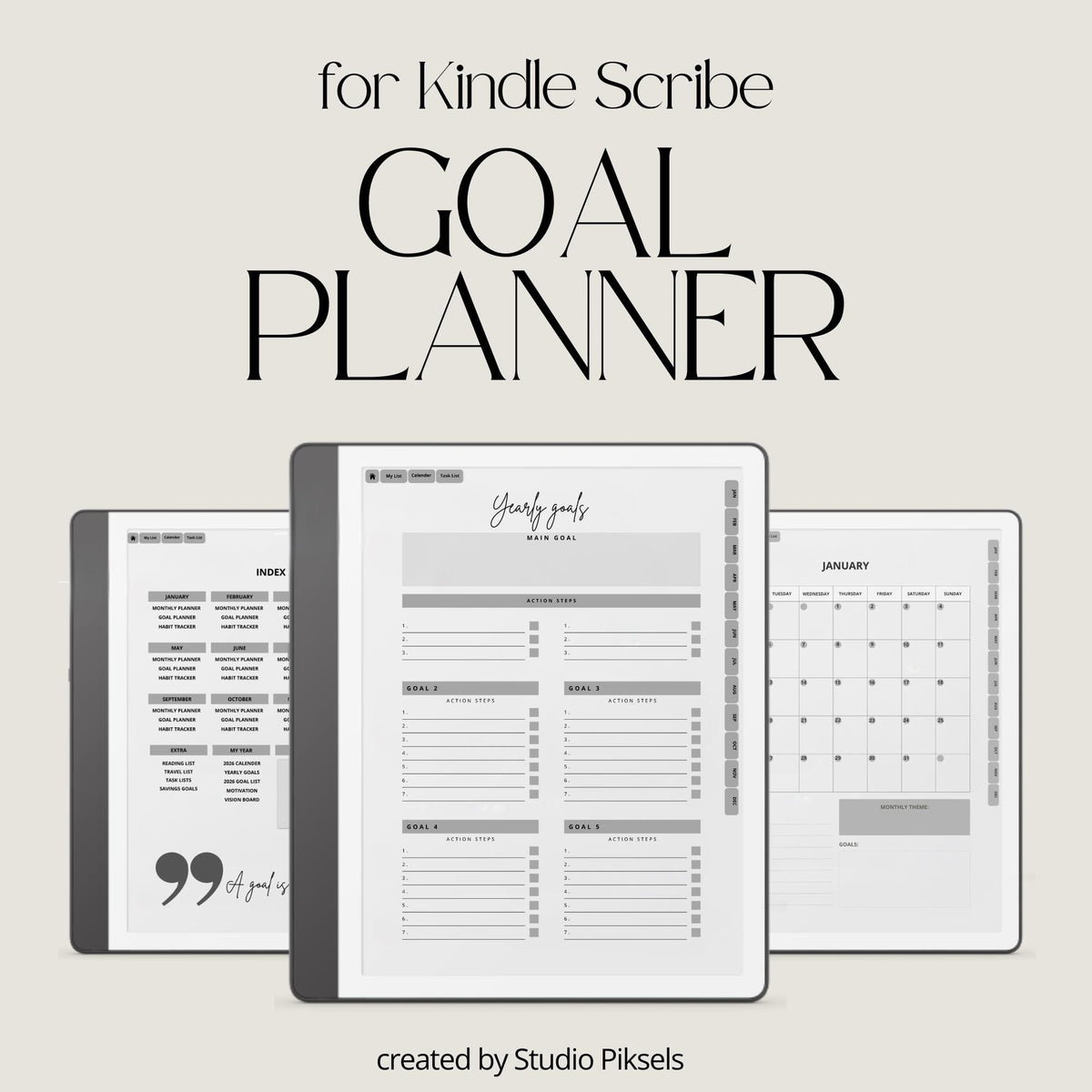 2026 Goal Planner for Kindle Scribe with hyperlinked planning pages, habit trackers, vision board layouts, and productivity templates.