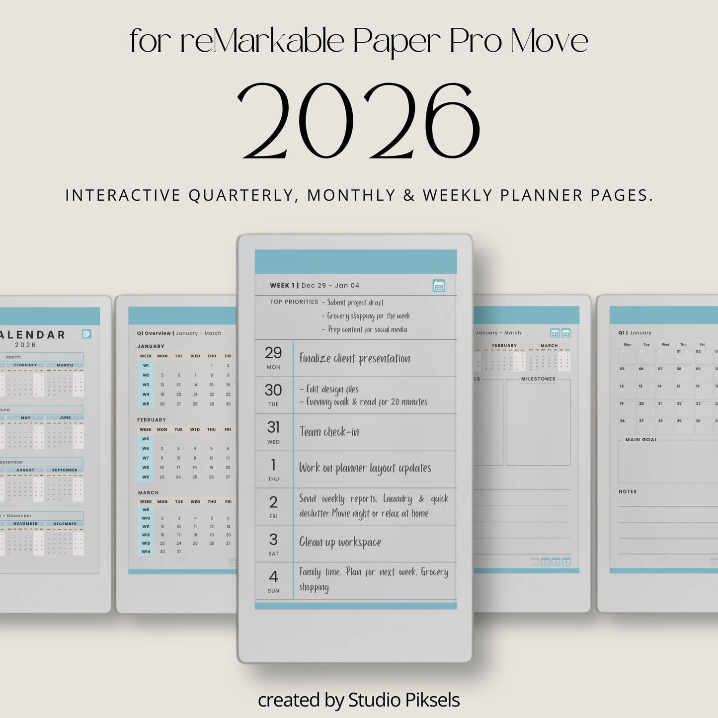 2026 hyperlinked planner for reMarkable Paper Pro Move with weekly and monthly planning pages.