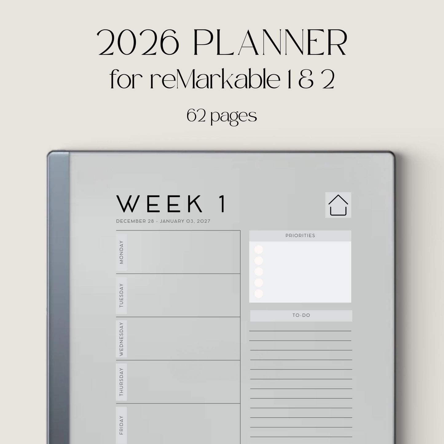 2026 Planner for reMarkable 2 and reMarkable Paper Pure featuring hyperlinked weekly planning pages, notes sections, and minimalist digital layouts