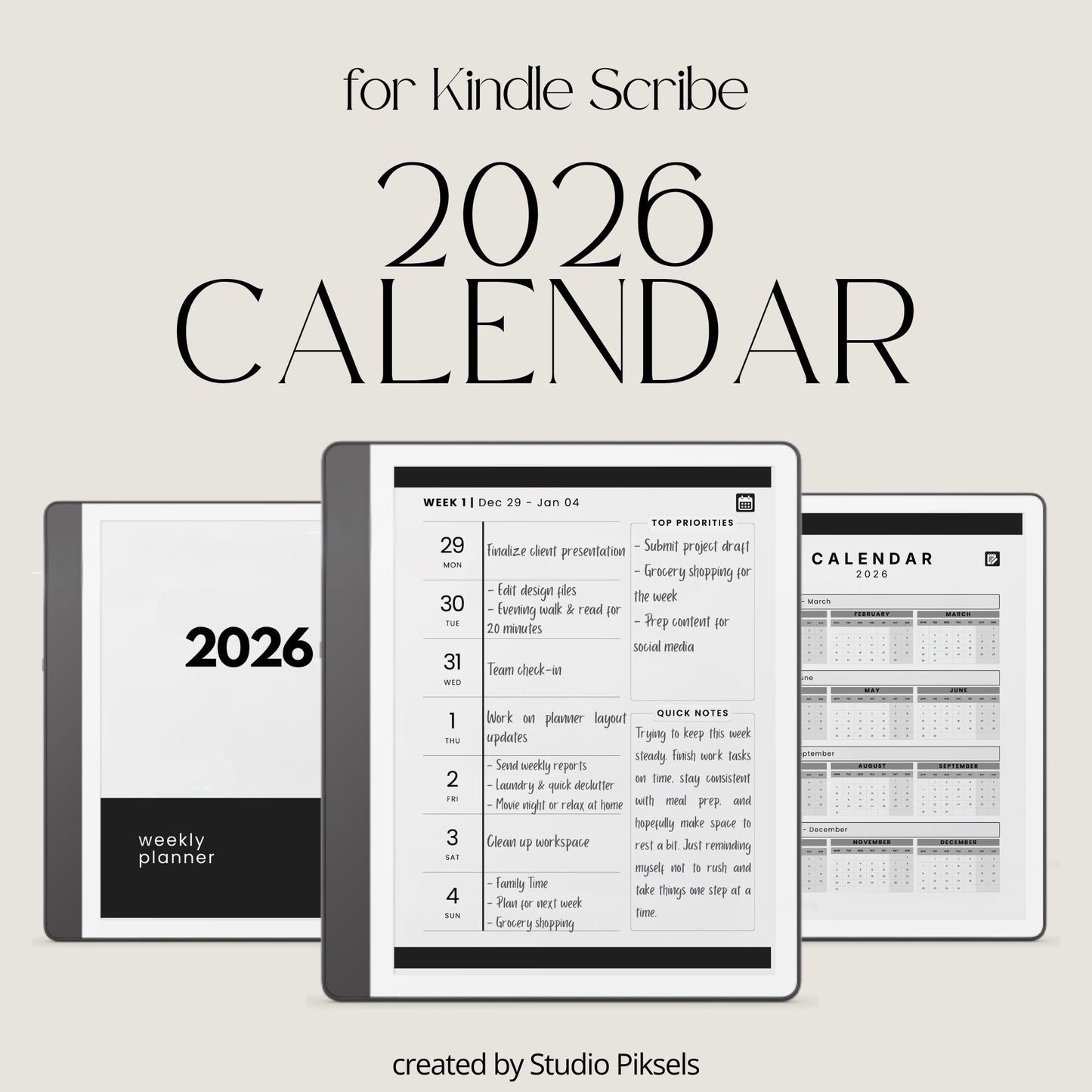 2026 Hyperlinked Planner for Kindle Scribe with quarterly overviews, monthly calendars, weekly planning layouts, and linked navigation.