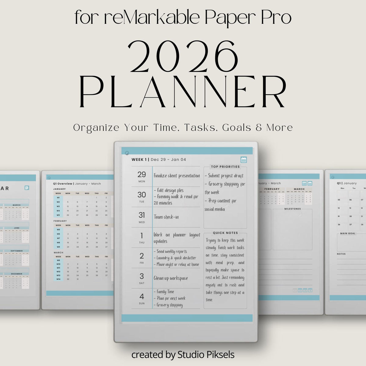 2026 hyperlinked planner for reMarkable Paper Pro with yearly, quarterly, monthly, and weekly digital planning pages.
