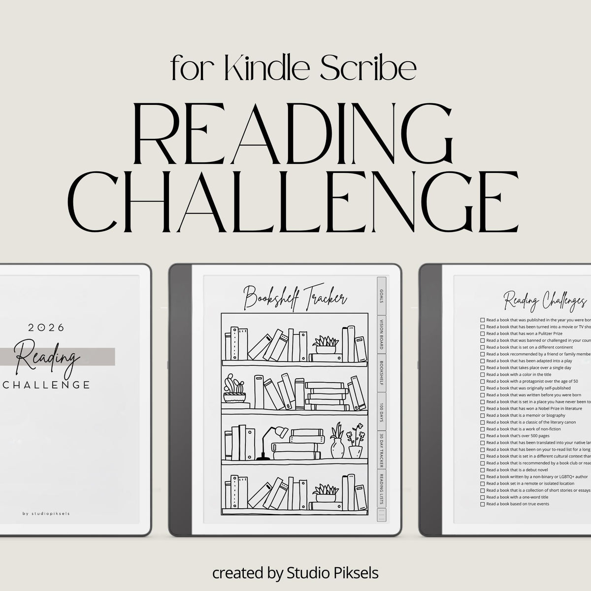 Minimalist Reading Challenge Planner for Kindle Scribe featuring reading goals, bookshelf trackers, challenge prompts, reading logs, and reflection pages.