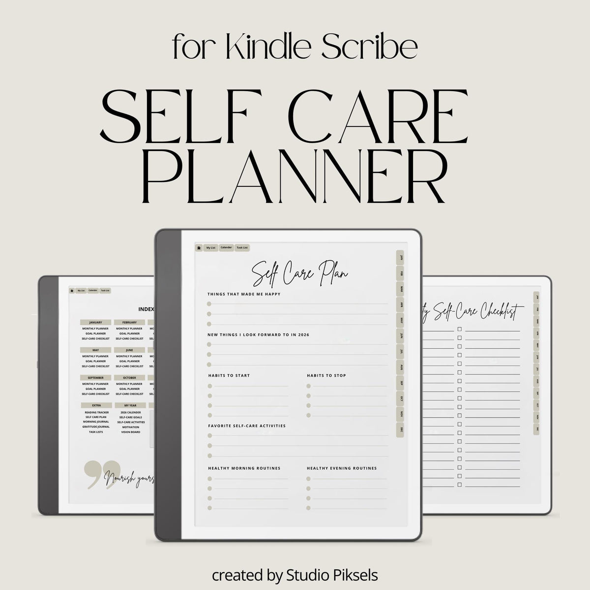 2026 Self Care Planner for Kindle Scribe featuring monthly wellness planning pages with calendars, gratitude journals, habit trackers, vision boards, and self care routines for mindful digital planning.