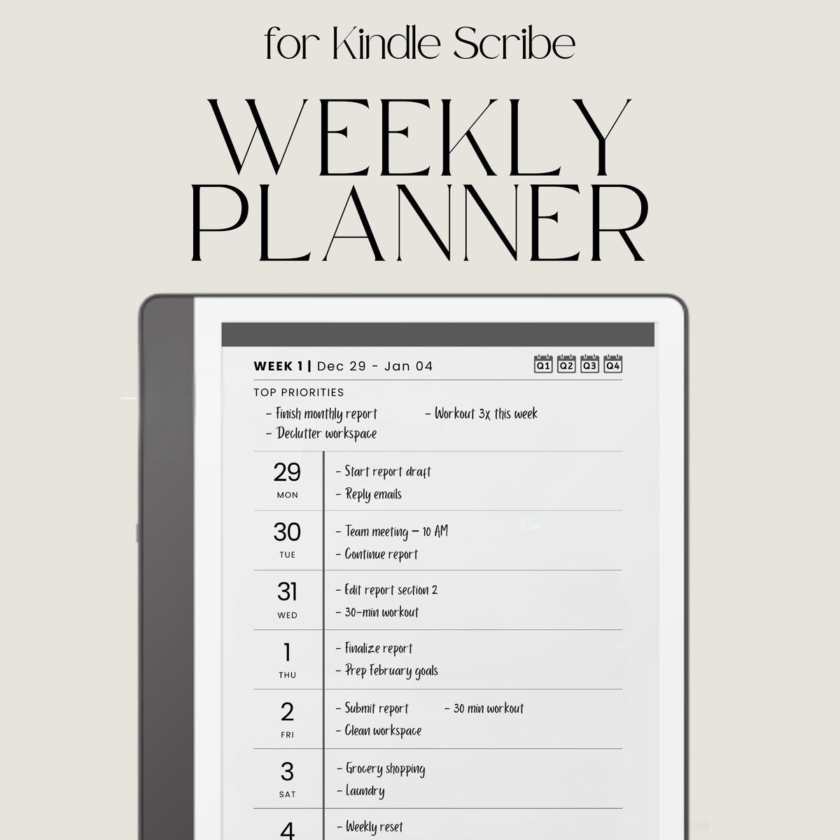 2026 Hyperlinked Weekly Planner for Kindle Scribe featuring weekly spreads, quarterly calendar overviews, linked notes pages, and minimalist digital planner layouts.