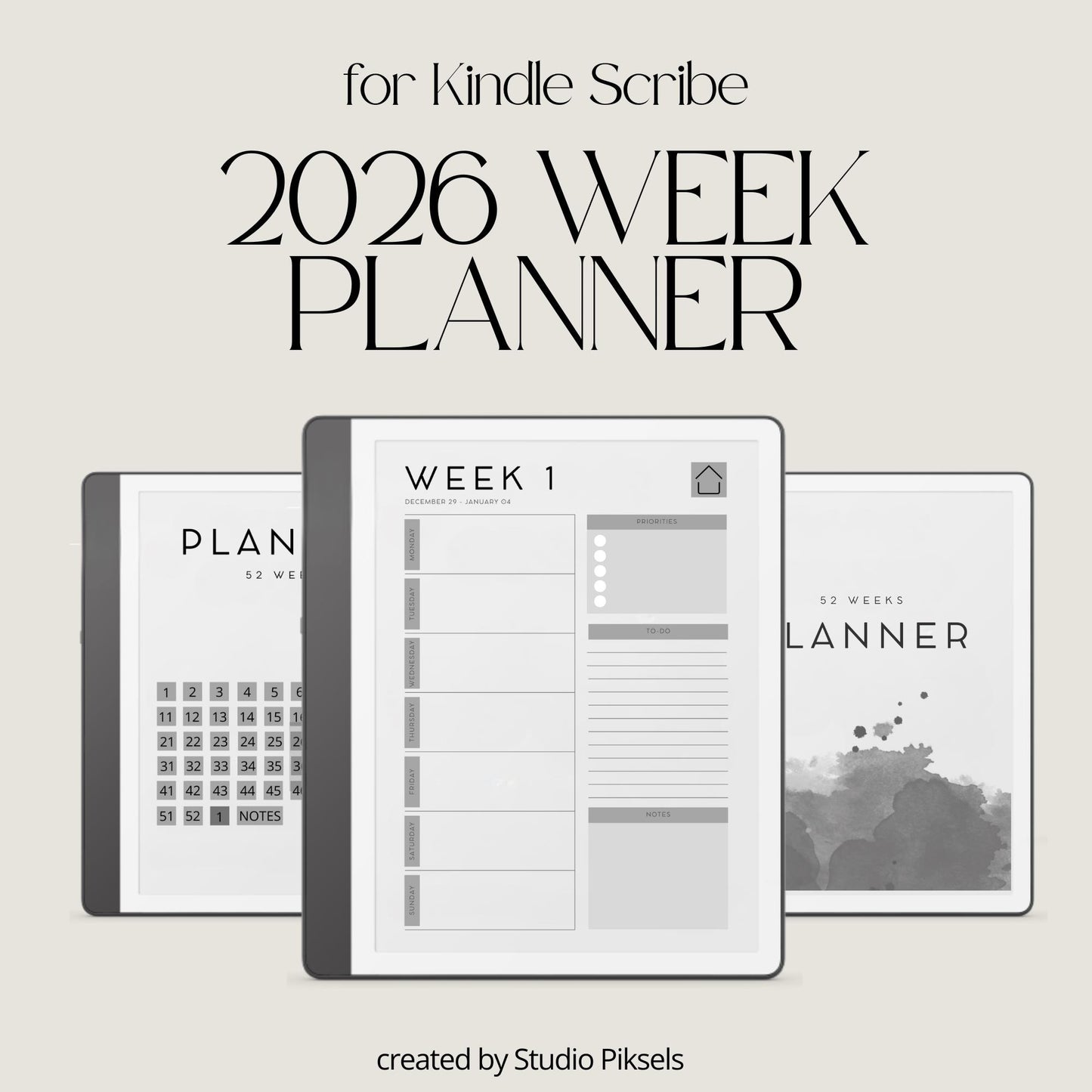 2026 Weekly Planner for Kindle Scribe with hyperlinked weekly planning pages, yearly calendar overview, and minimalist productivity layouts.