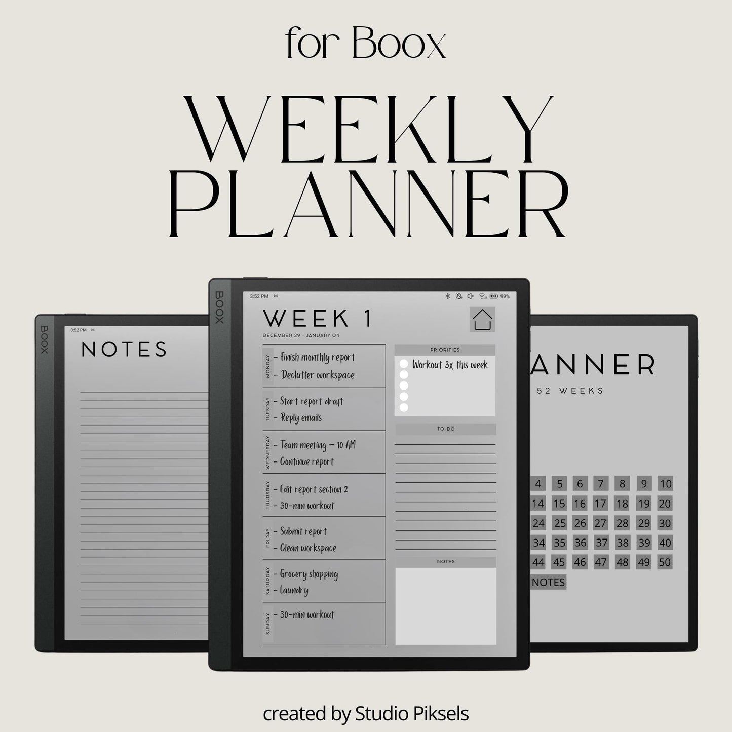 2026 Planner for BOOX devices with hyperlinked weekly planning pages, to-do sections, and minimalist productivity layouts.
