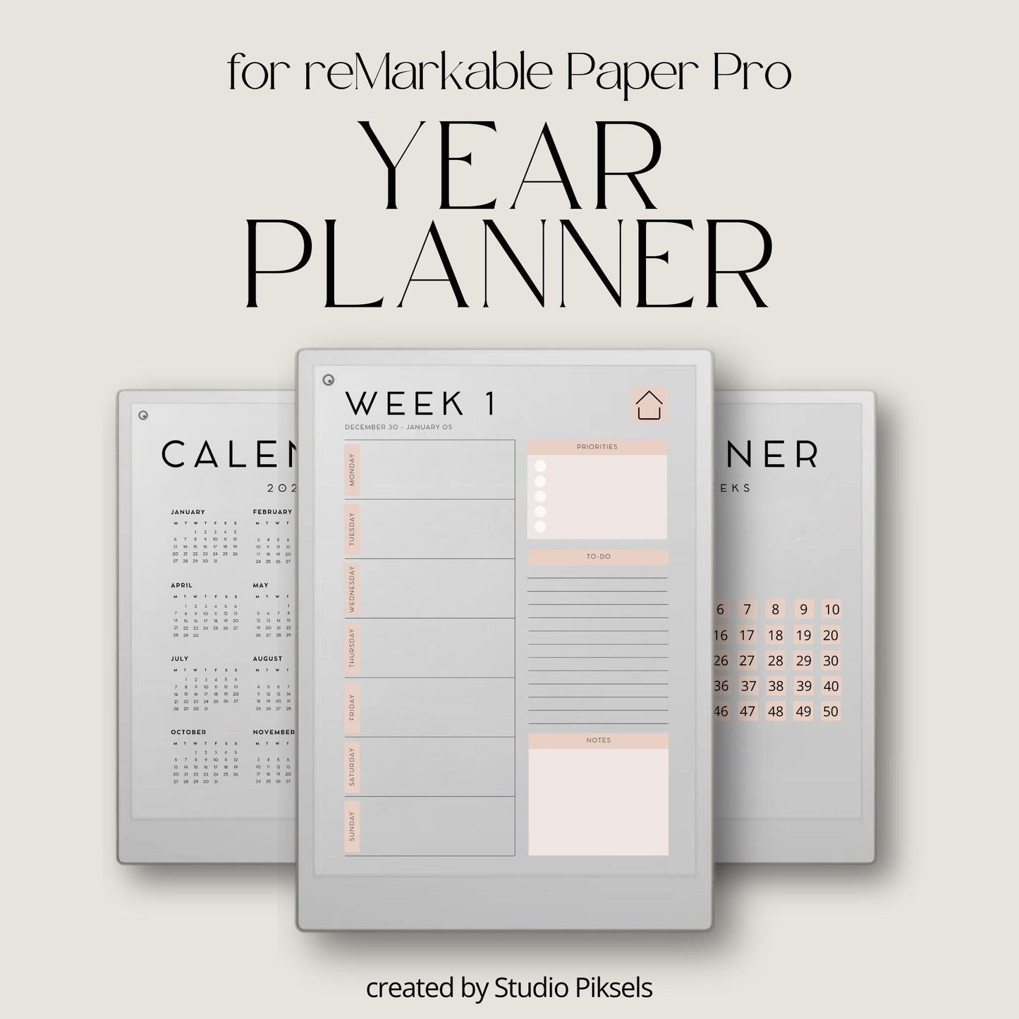 2026 Year Planner for reMarkable Paper Pro with hyperlinked weekly planning pages, minimalist scheduling layouts, task management sections, and digital PDF organization tools.
