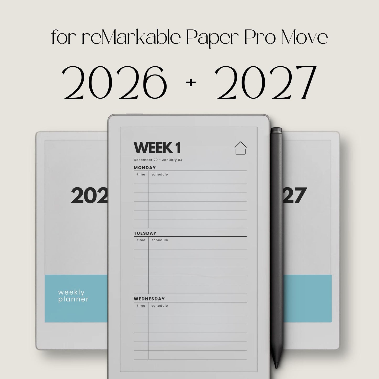 Hyperlinked weekly planner bundle for reMarkable Paper Pro Move with dated weekly layouts for 2026 and 2027.