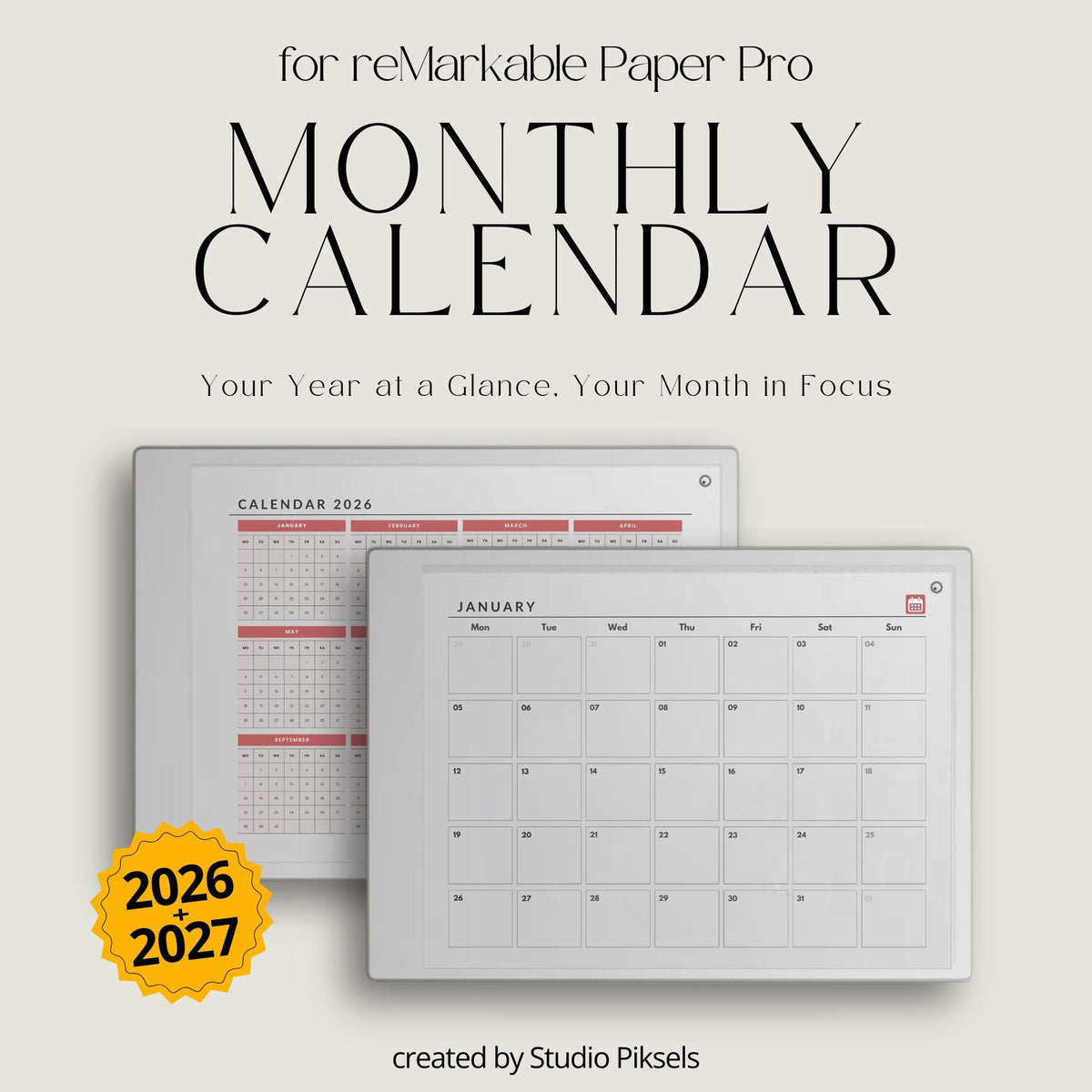 Hyperlinked monthly planner for reMarkable Paper Pro with yearly overview and clean month-at-a-glance calendar pages.