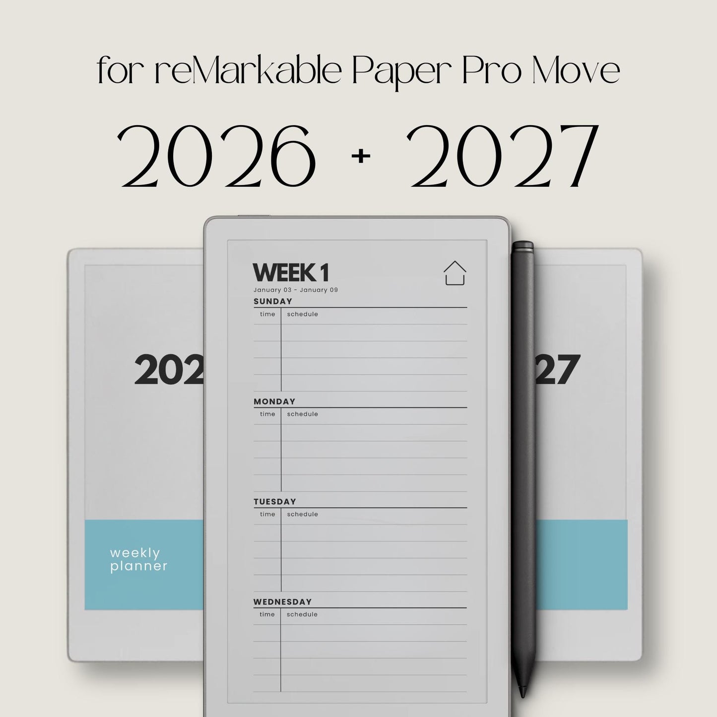 2026 and 2027 weekly planners for reMarkable Paper Pro Move with hyperlinked Sunday start layouts.