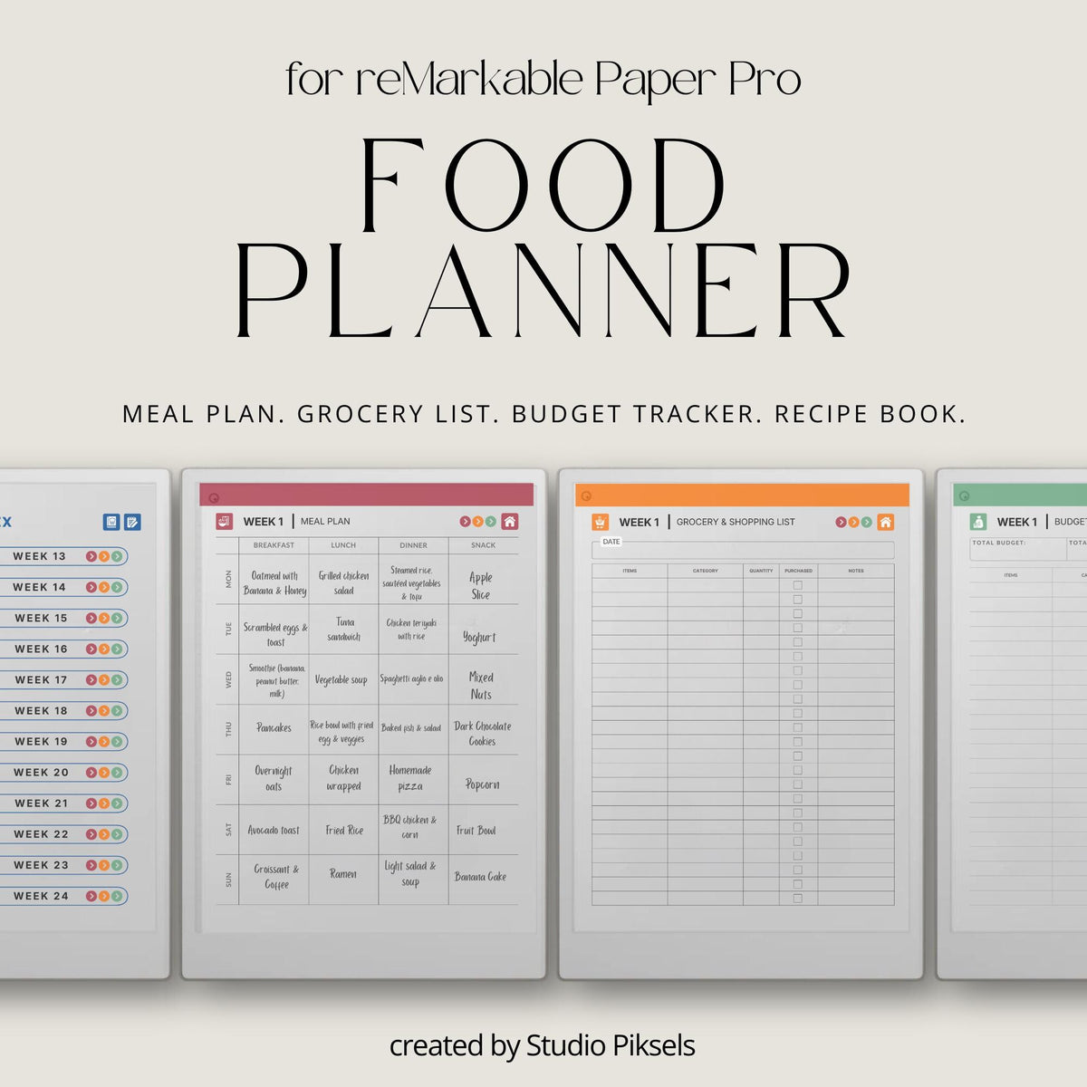 24 week food planner for reMarkable Paper Pro with hyperlinked meal and grocery pages.