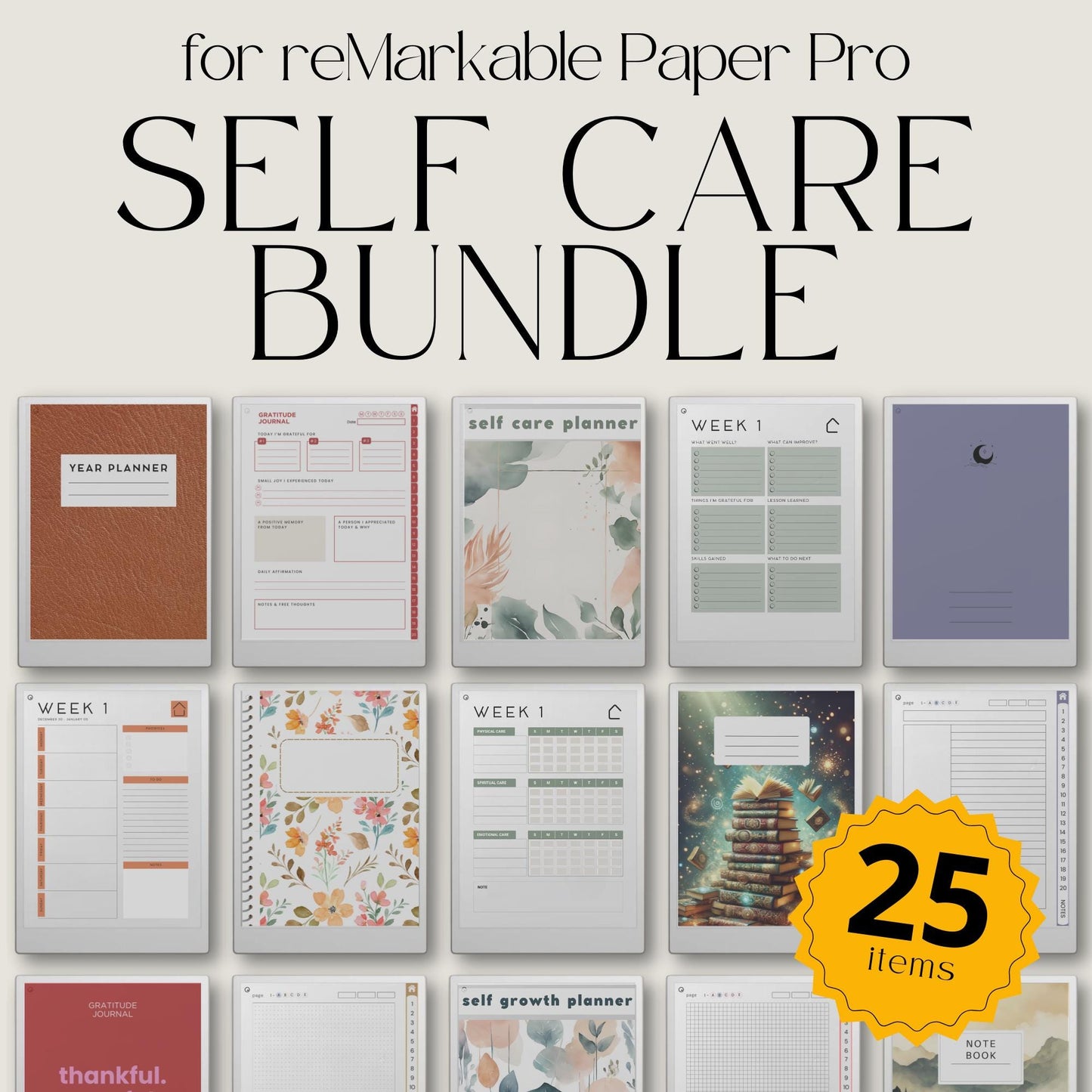 Self Care Bundle PDF for reMarkable Paper Pro Move with planners, wellness journals, note templates, and coloring books.