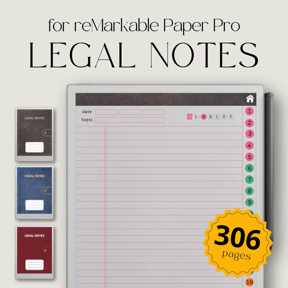 306 page hyperlinked legal notebook bundle for reMarkable Paper Pro.