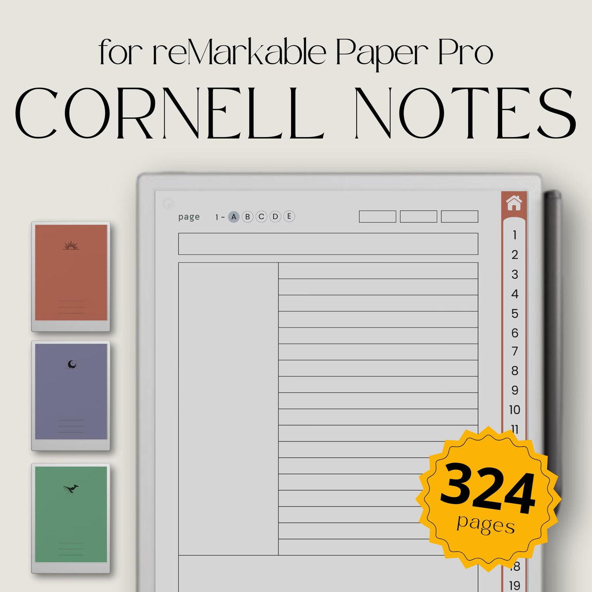Cornell notebooks for reMarkable Paper Pro with hyperlinked index, 100 Cornell note pages, and three distinct cover designs.
