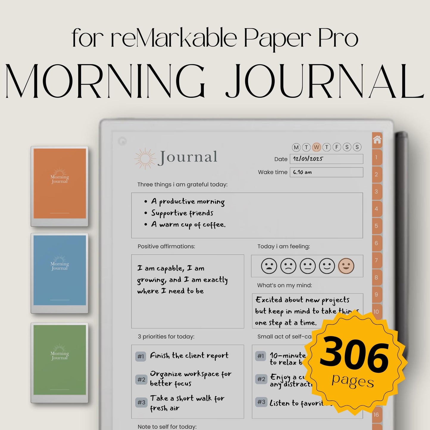 Morning journal bundle for reMarkable Paper Pro with hyperlinked daily reflection pages customizable index and guided gratitude prompts.