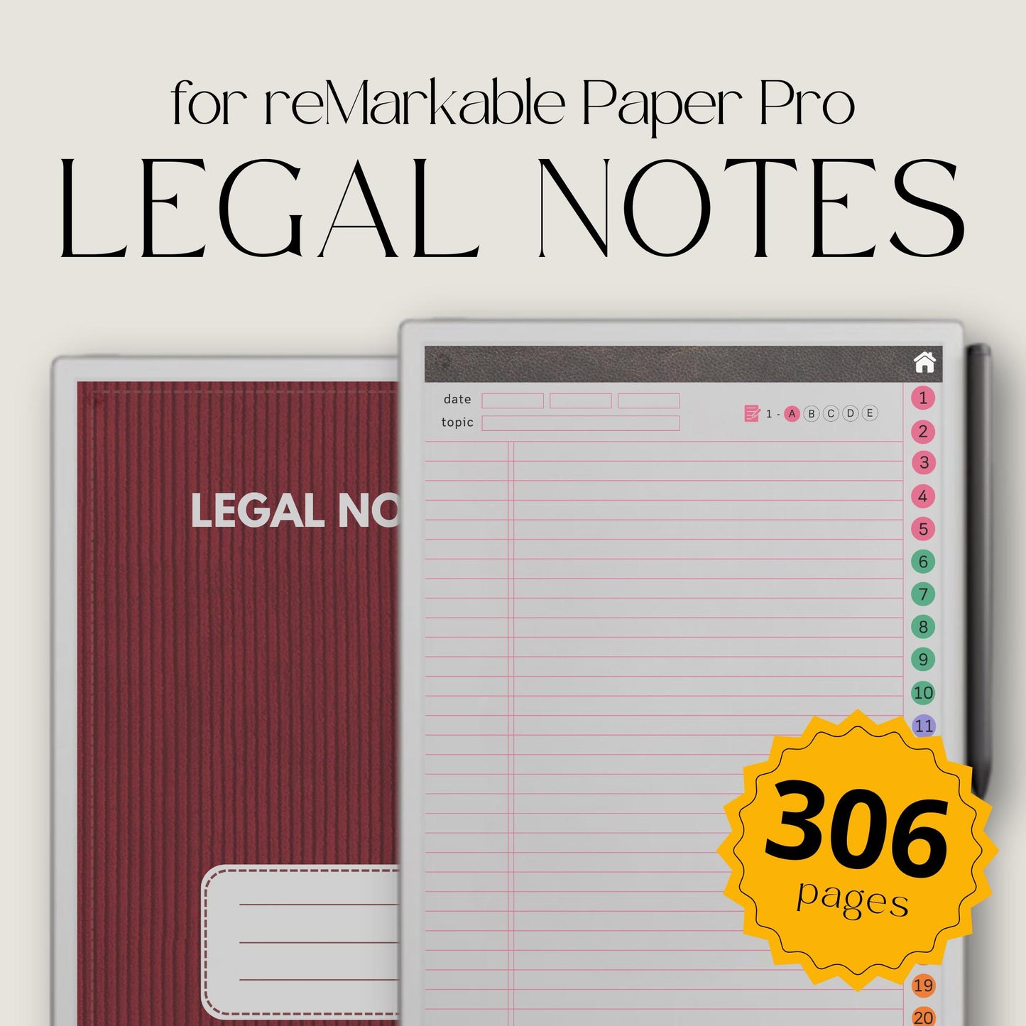 Legal notes bundle for reMarkable Paper Pro with hyperlinked index, leather and denim covers, and color coded lined note pages.