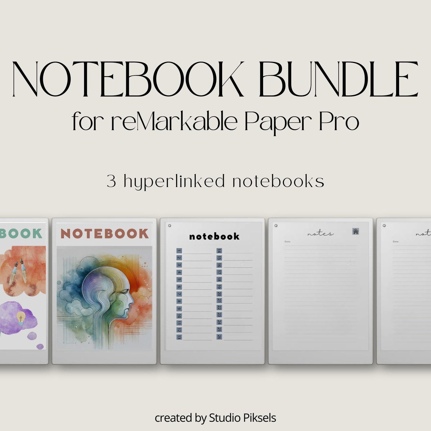 Hyperlinked notebook bundle for reMarkable Paper Pro with three unique cover designs and 28 linked pages for digital note taking and brainstorming.