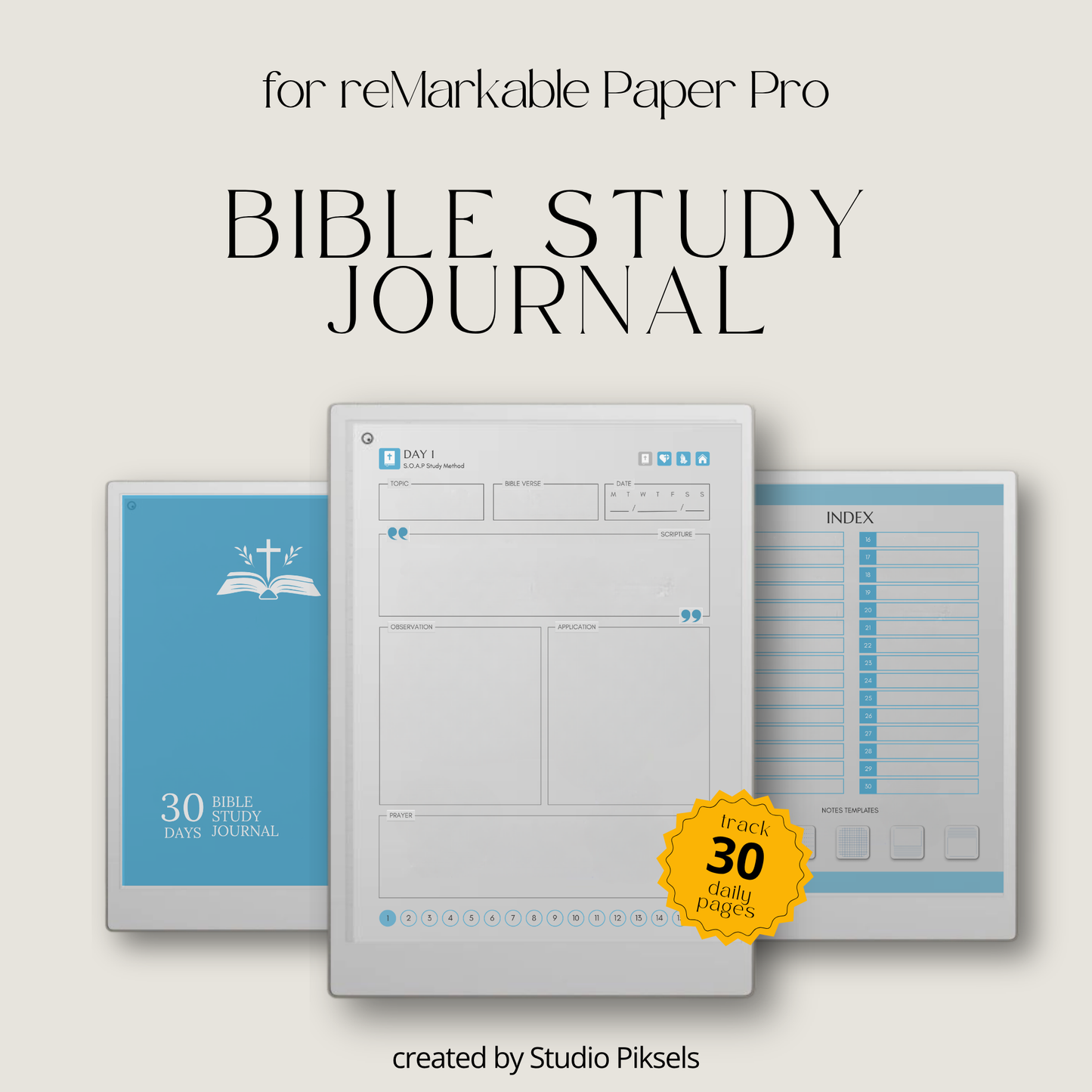 30-Day Bible Study Journal for reMarkable Paper Pro featuring daily SOAP Bible study, devotional journal pages, prayer notes, and hyperlinked PDF navigation.
