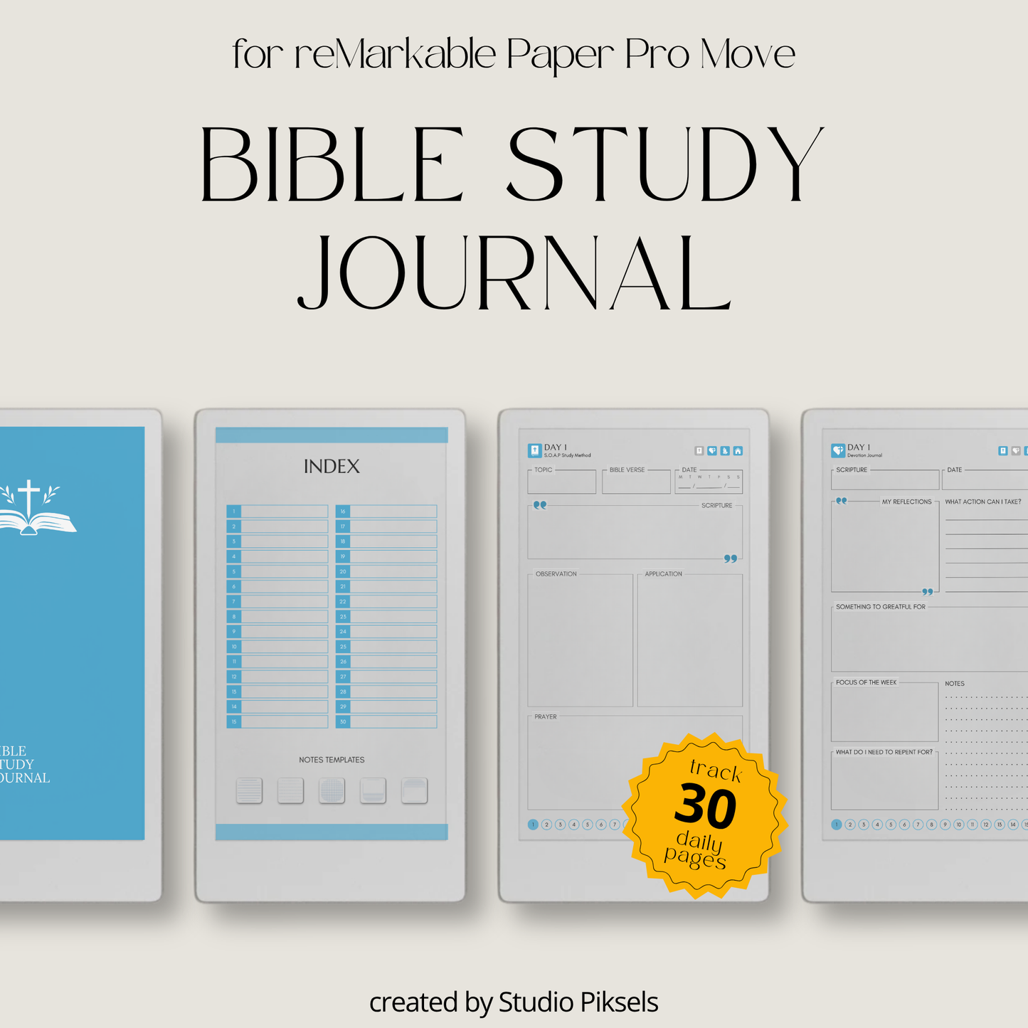 30-Day Bible Study Journal for reMarkable Paper Pro Move featuring daily SOAP Bible study, devotional journal pages, prayer notes, and hyperlinked PDF navigation.