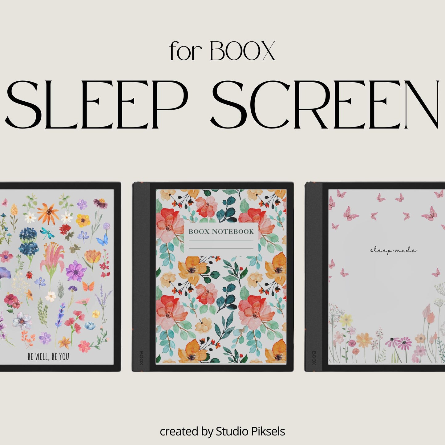 BOOX Sleep Screen Bundle with floral and butterfly nature-inspired screen covers for BOOX color and grayscale E Ink devices