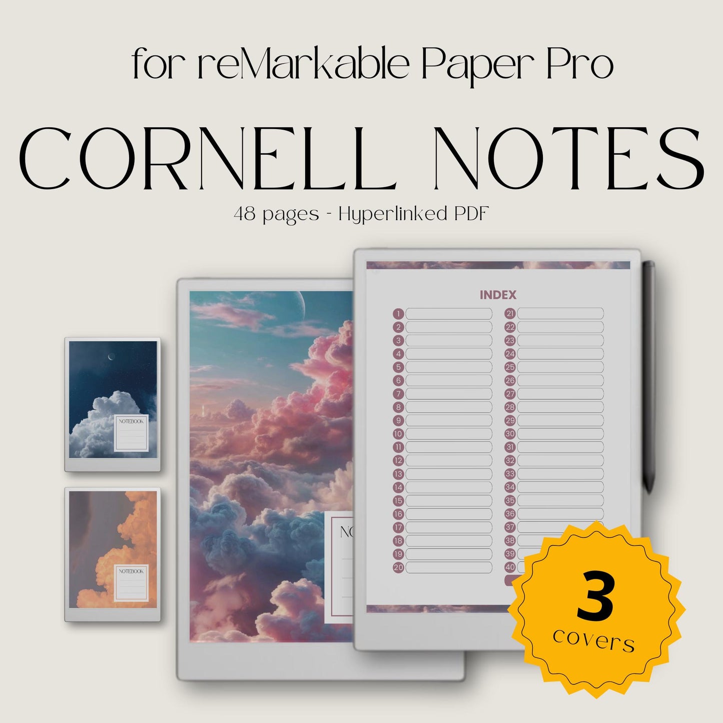 Cornell notes for reMarkable Paper Pro with hyperlinked navigation and structured note-taking pages.