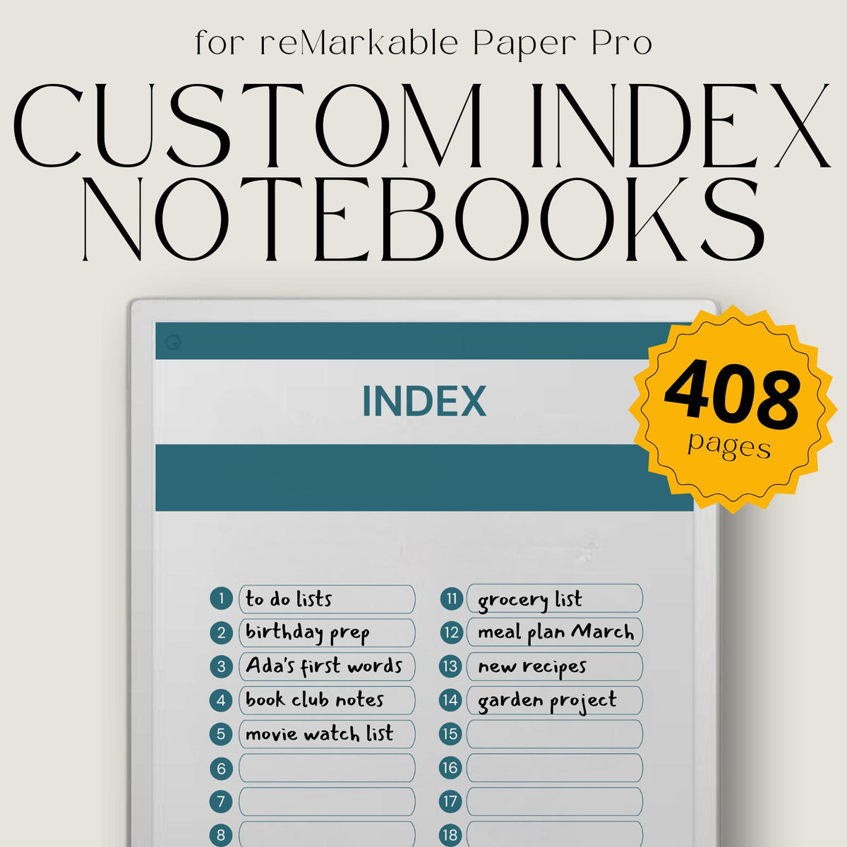 Custom index notebooks for reMarkable Paper Pro with lined, grid, dotted, and blank hyperlinked notebooks and clickable index.