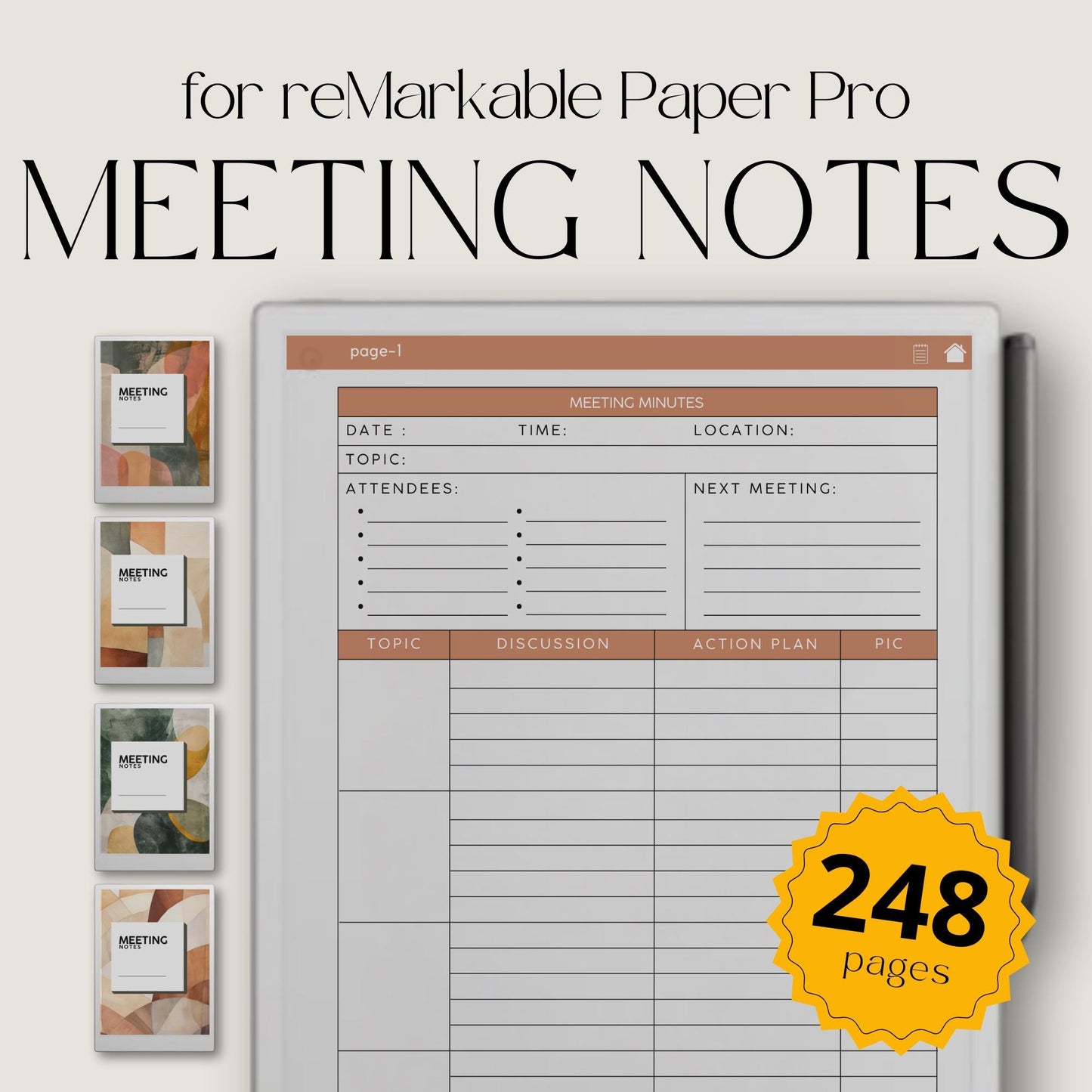 Meeting Notes for reMarkable Paper Pro with hyperlinked index, meeting minutes template, and four 62 page PDF notebooks.