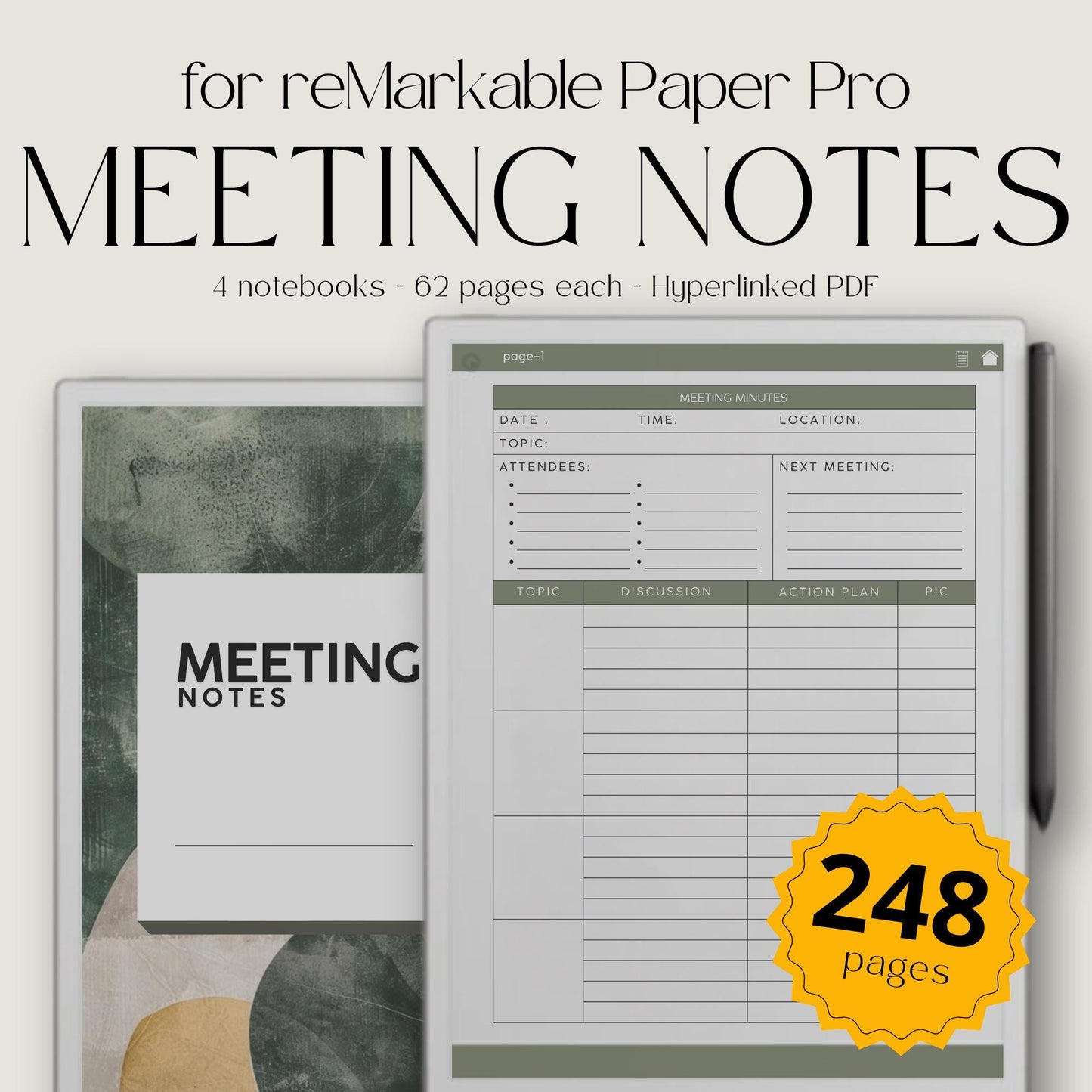 Meeting Notes for reMarkable Paper Pro with hyperlinked index, meeting minutes template, and four 62 page PDF notebooks.