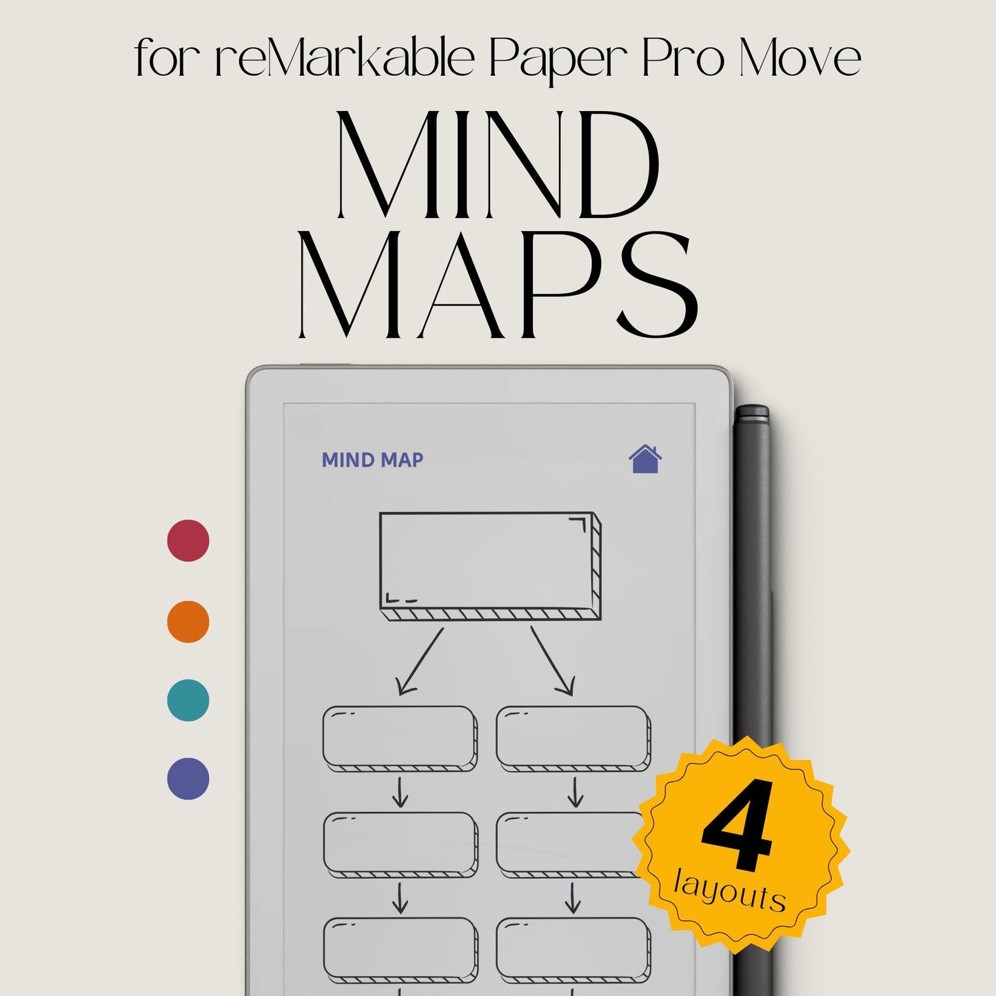 Mind Map Notebooks for reMarkable Paper Pro Move with hyperlinked mind map pages, notes sections, and four color layouts.