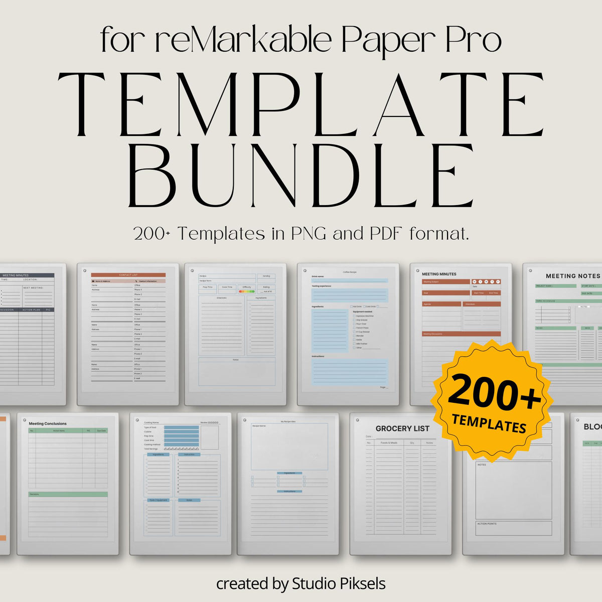 Starter Template Bundle for reMarkable Paper Pro with over 200 minimalist page layouts, productivity tracking forms, and clean digital note-taking templates.